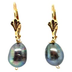 Tahitian Black Pearl Drop Earrings Leverback 14K Yellow Gold 9mm Brand New