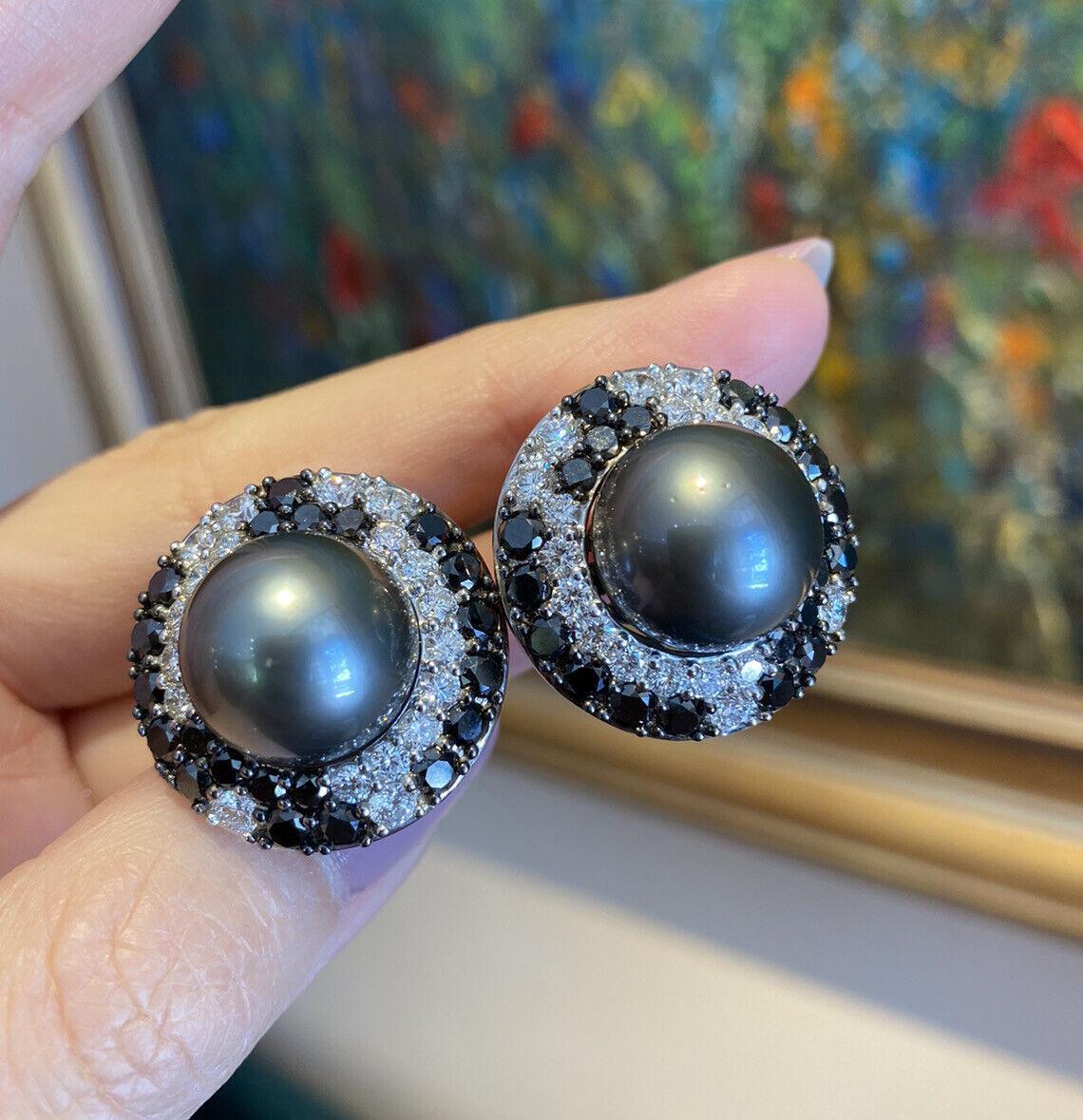 Bead Tahitian Black Pearl Earrings with Black and White Diamonds in 18k White Gold For Sale