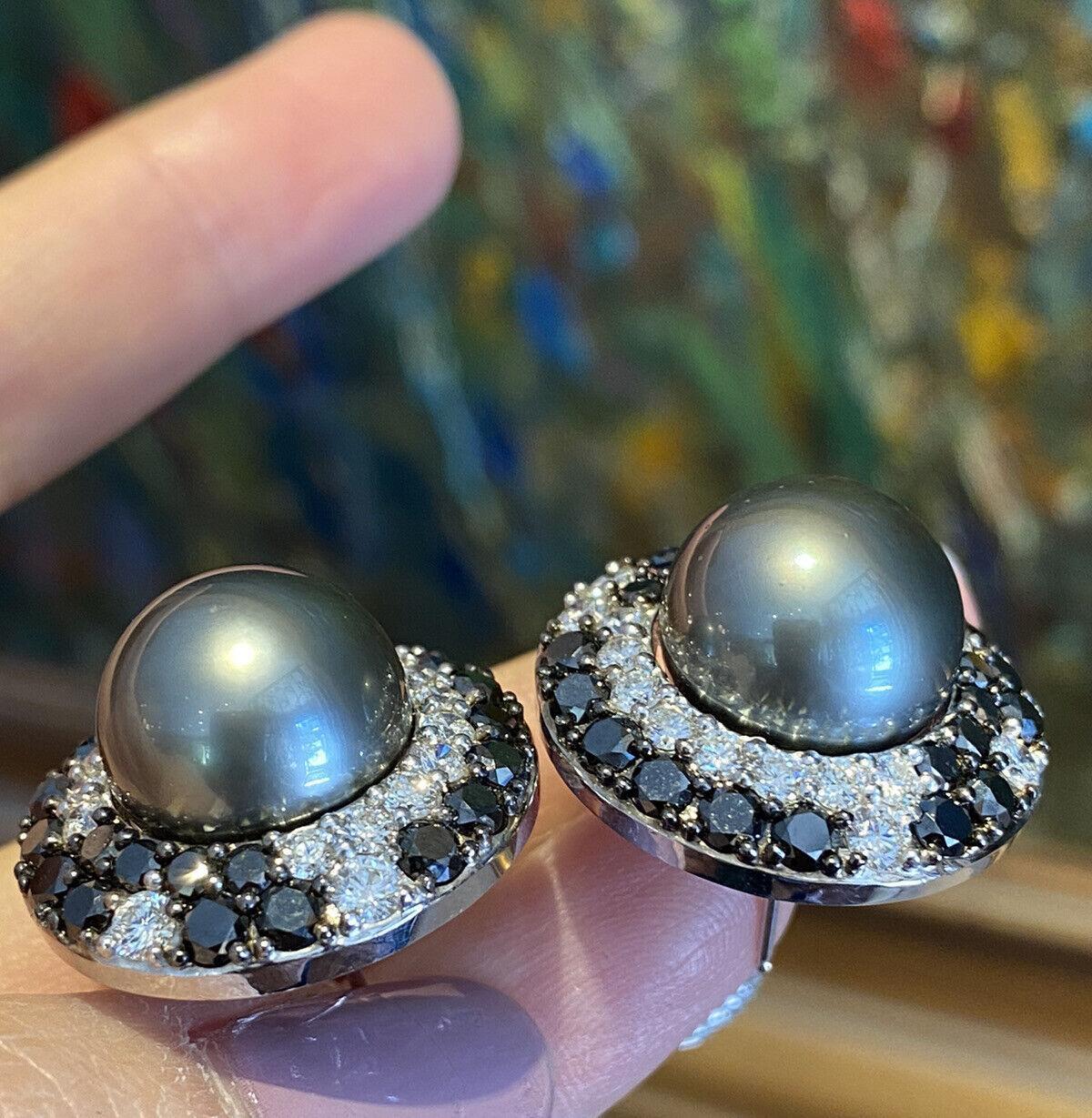 Women's Tahitian Black Pearl Earrings with Black and White Diamonds in 18k White Gold For Sale