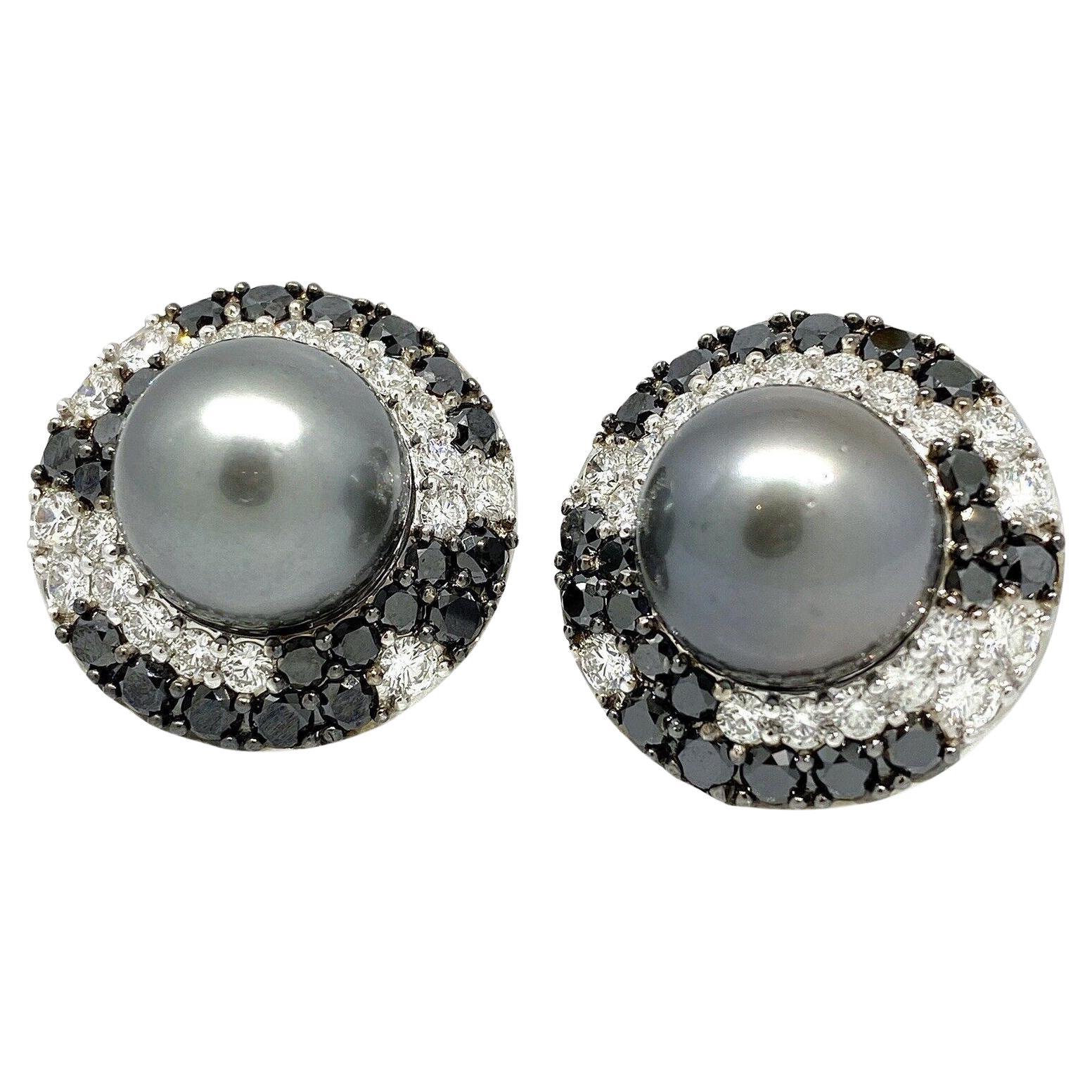 Tahitian Black Pearl Earrings with Black and White Diamonds in 18k White Gold For Sale