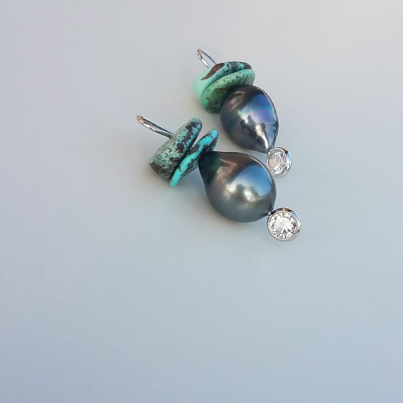 Artisan Tahitian Black Pearl Earrings and Turquoise For Sale