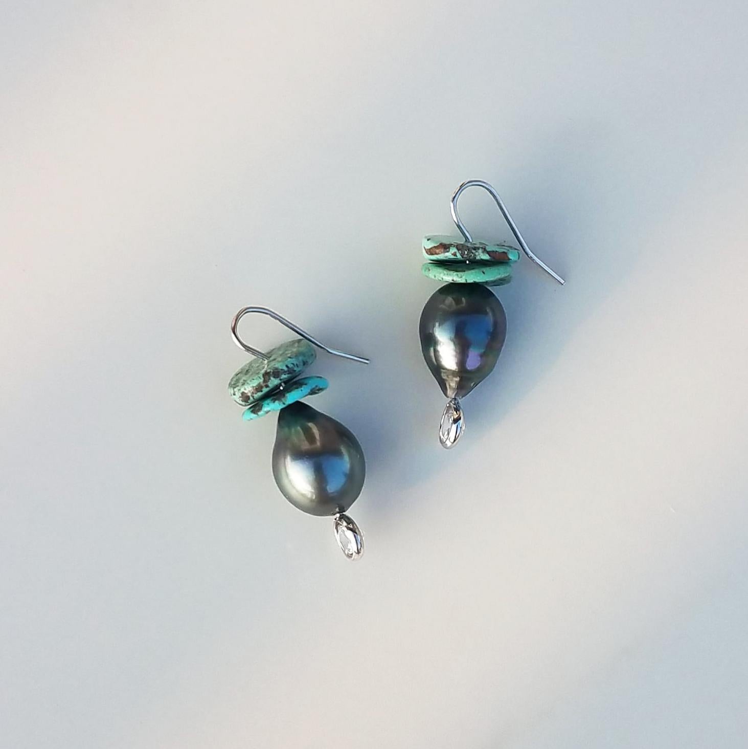 Tahitian Black Pearl Earrings and Turquoise In New Condition For Sale In Kailua Kona, HI