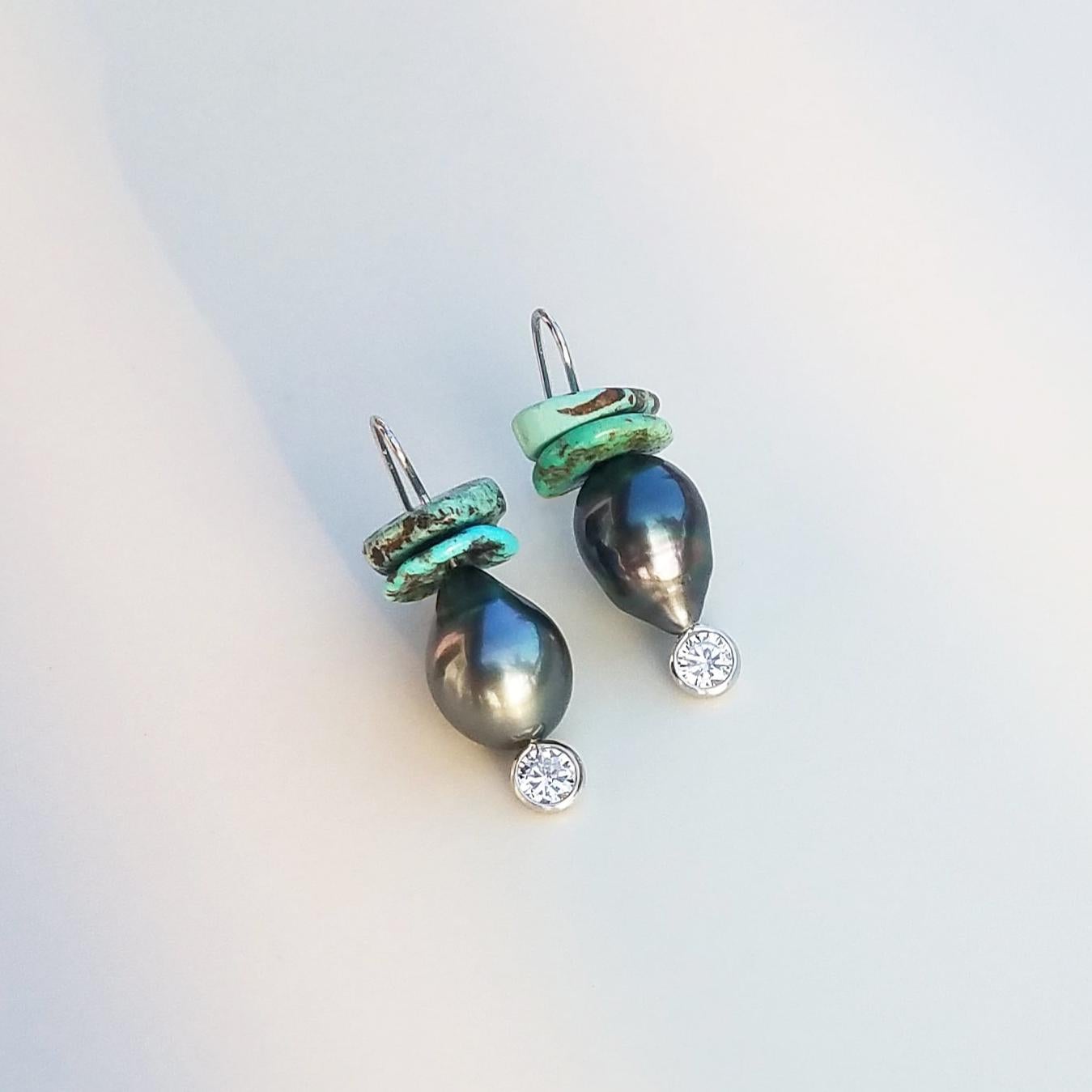 Tahitian Black Pearl Earrings and Turquoise For Sale 1