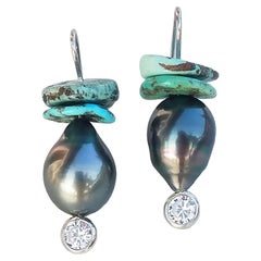 Boucles d'oreilles perles noires de Tahiti et turquoise