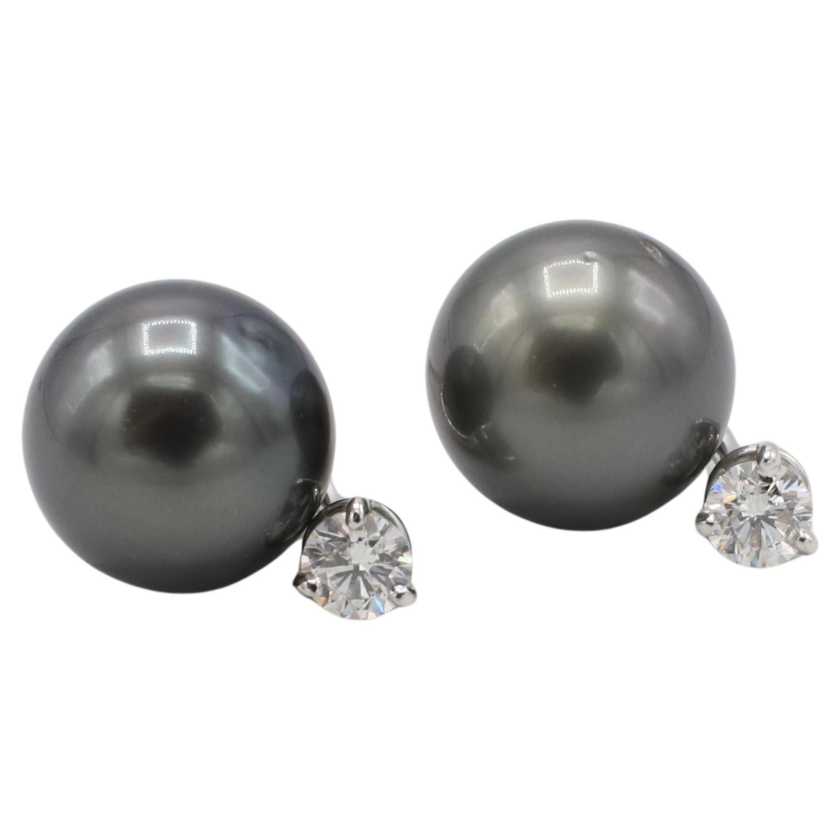 Pendientes de Oro Blanco con Perla Negra de Tahití y Diamante Natural Corte redondo en venta