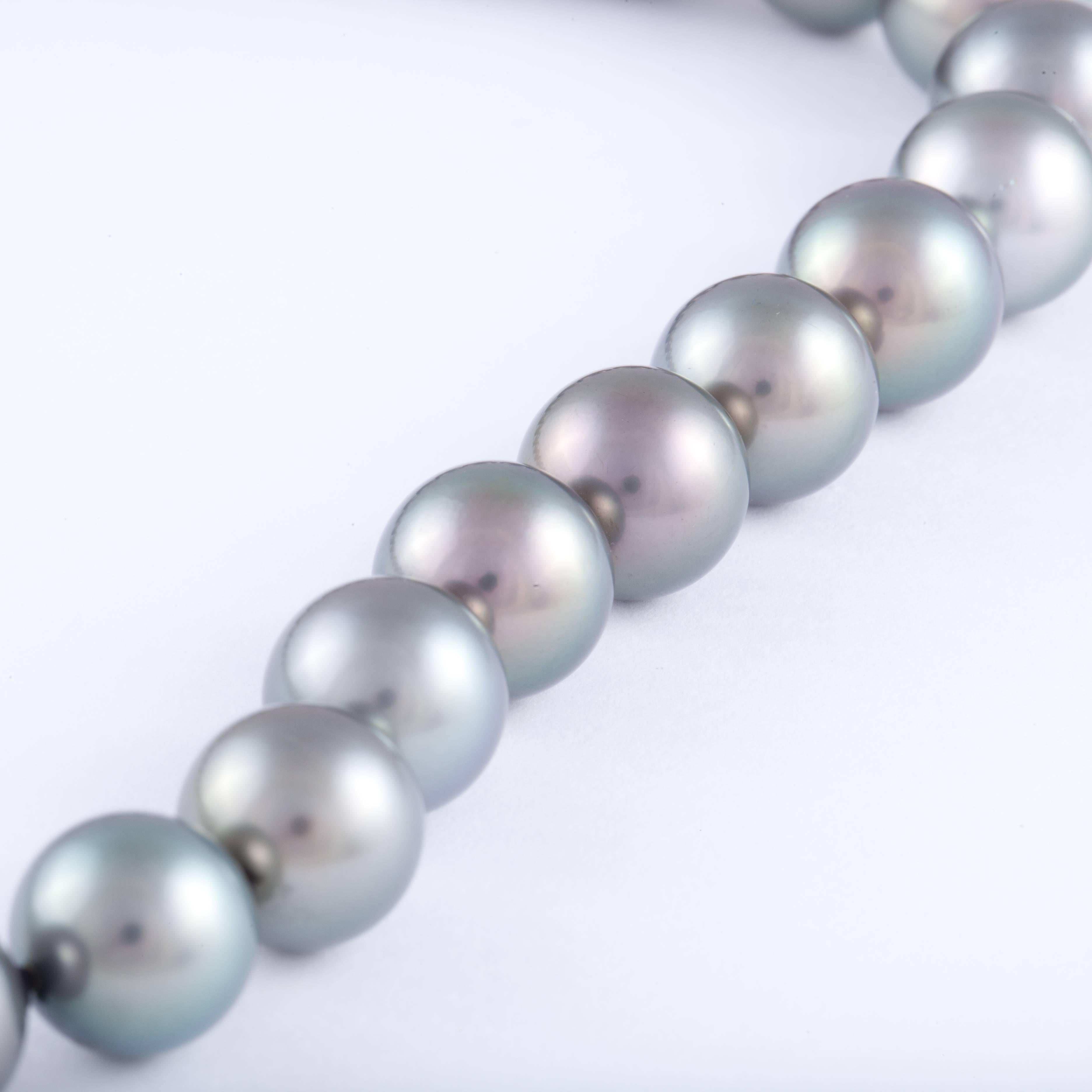 Tahitian pearl necklace, with dark gray pearls that measure 12-15.2mm.  The stand measures 18 inches in length with a ball clasp is 18K white gold encrusted with 1.44 carats of diamonds; F-H color and VS clarity.  