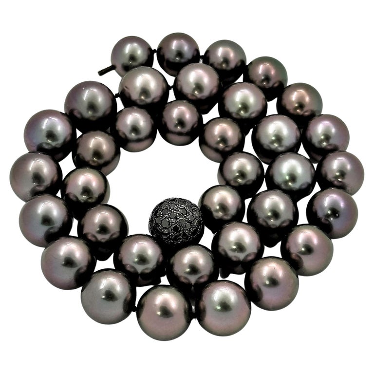 Tahitian Black Pearl Necklace with Black Diamond Ball Clasp in 18K