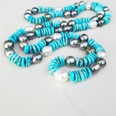 Tahitian Black Pearl and South Sea White Pearl Turquoise Necklace
