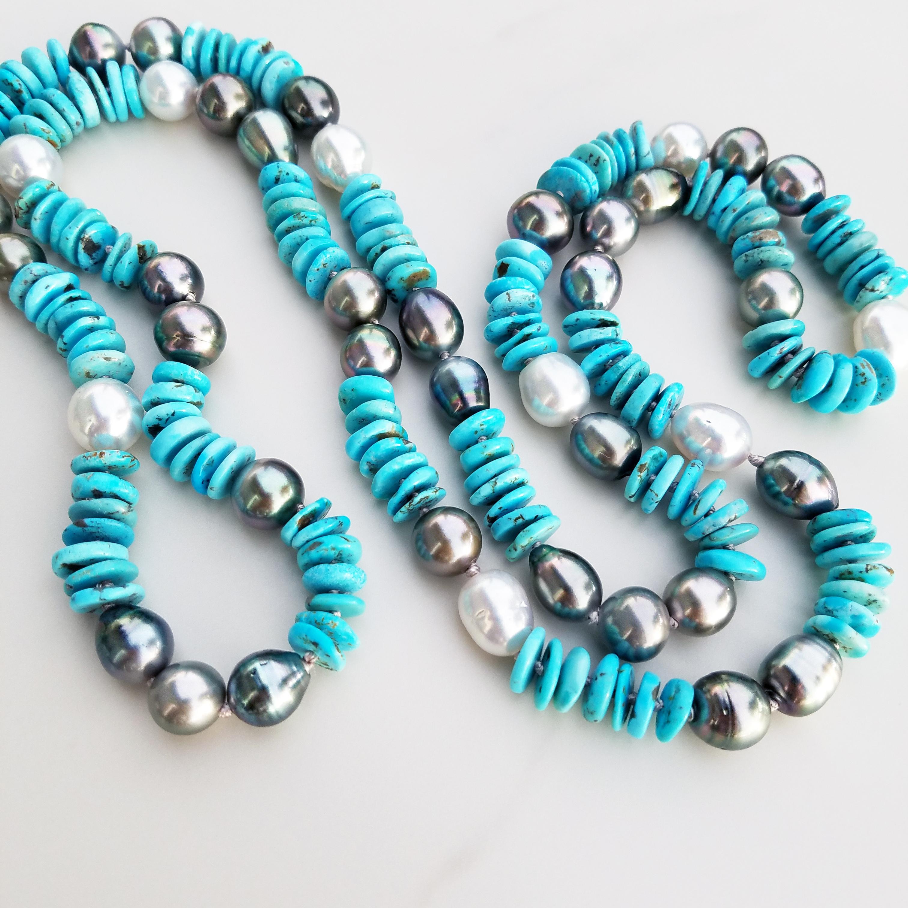 Artisan Tahitian Black Pearl and South Sea White Pearl Turquoise Necklace For Sale