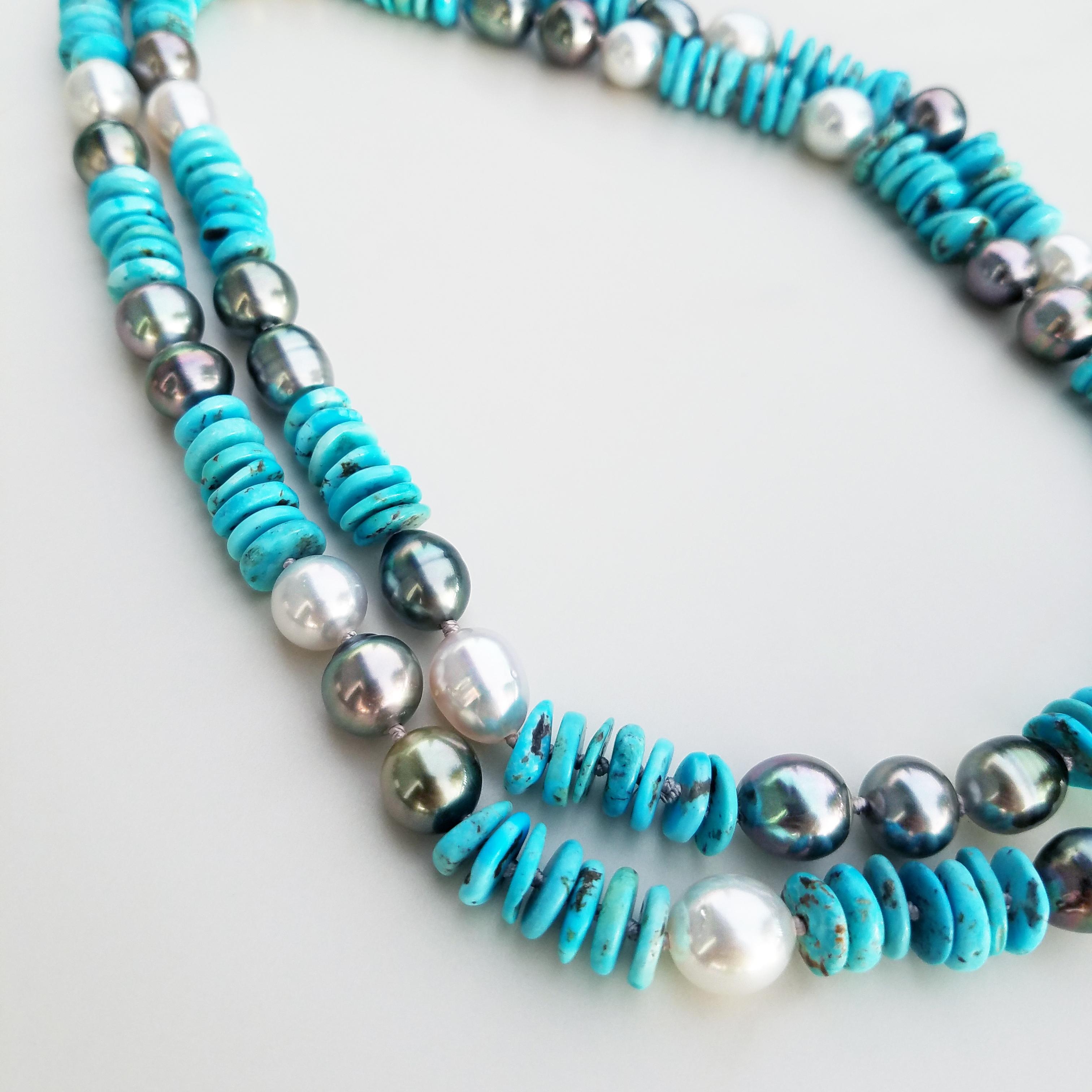 Tahitian Black Pearl and South Sea White Pearl Turquoise Necklace In New Condition For Sale In Kailua Kona, HI