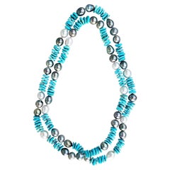 Tahitian Black Pearl and South Sea White Pearl Turquoise Necklace