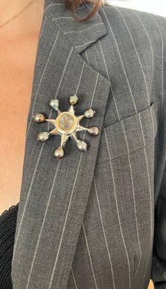 Tahitian Black Pearl Spoke Starburst Brooch Gray Tourmaline Gold Silver Platinum