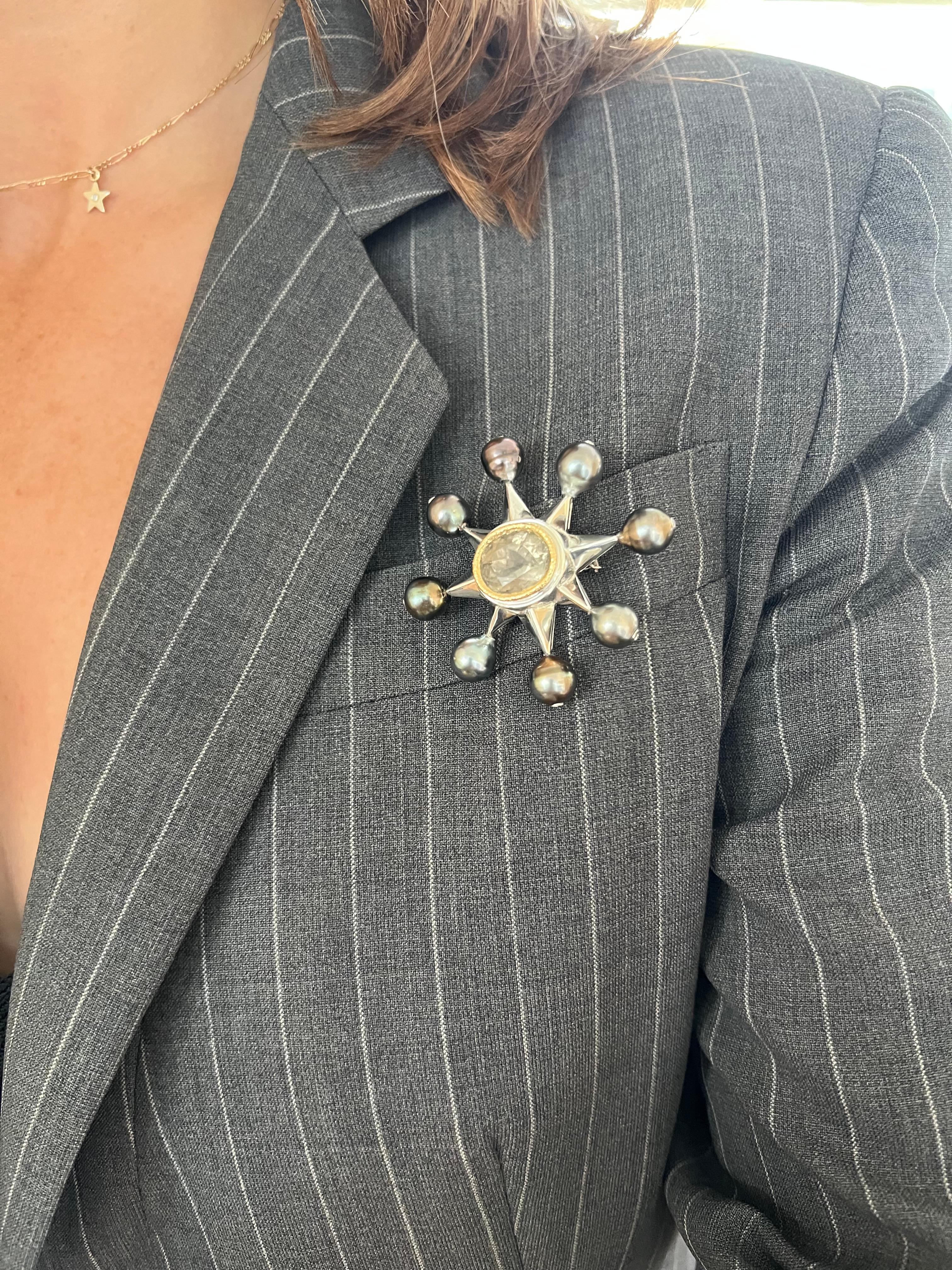 Tahitian Black Pearl Spoke Starburst Brooch Gray Tourmaline Gold Silver Platinum In New Condition For Sale In New York, NY