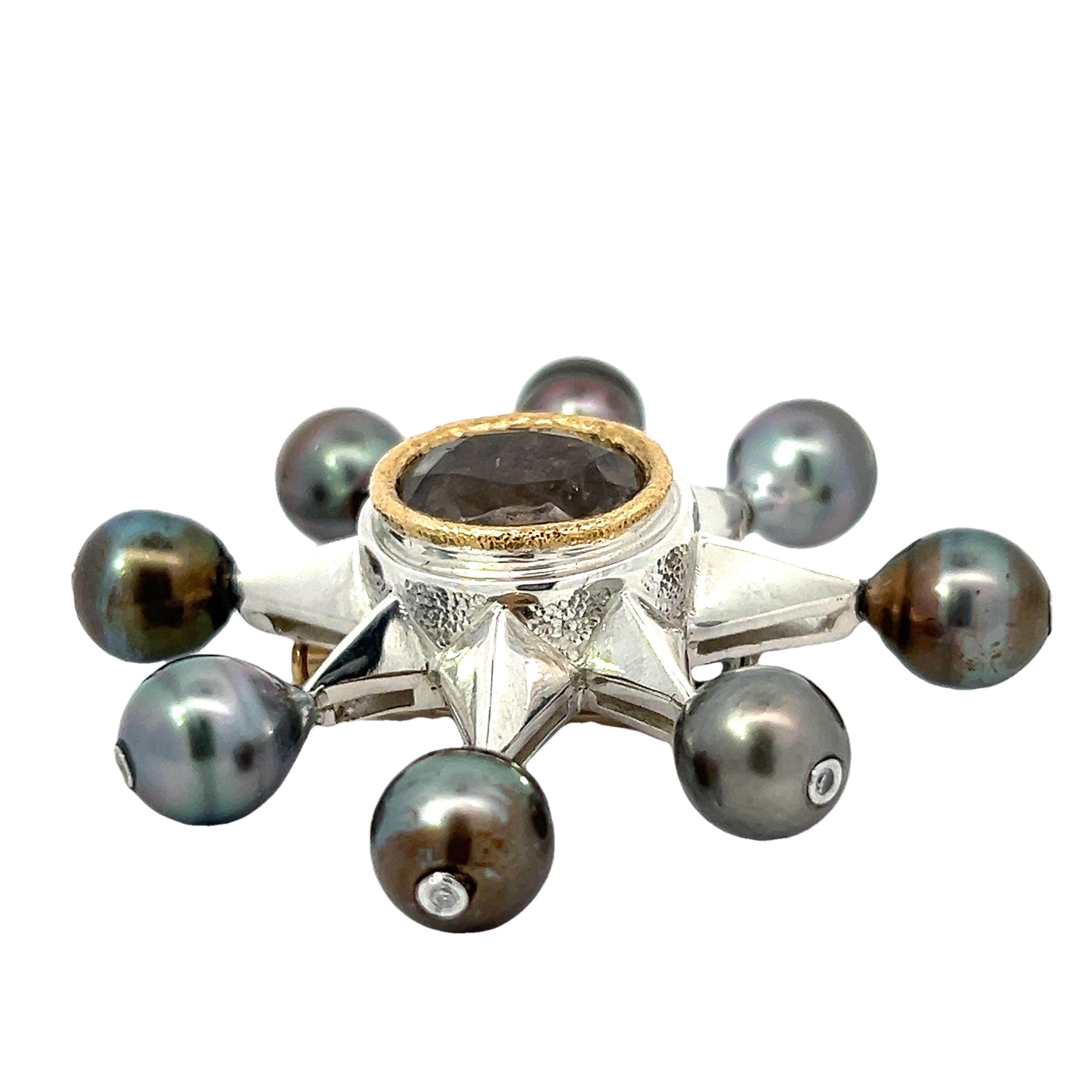 Women's or Men's Tahitian Black Pearl Spoke Starburst Brooch Gray Tourmaline Gold Silver Platinum For Sale