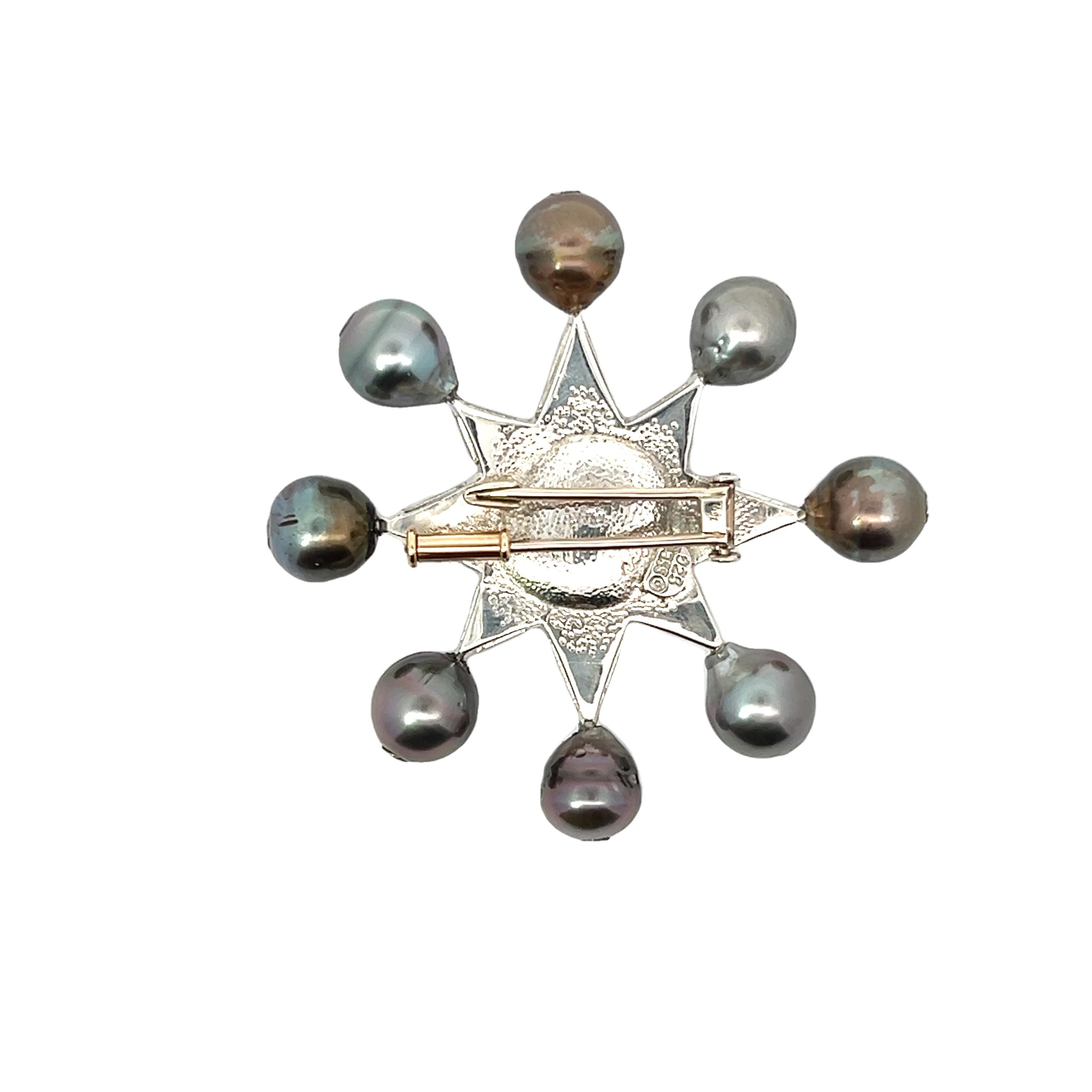 Tahitian Black Pearl Spoke Starburst Brooch Gray Tourmaline Gold Silver Platinum For Sale 1