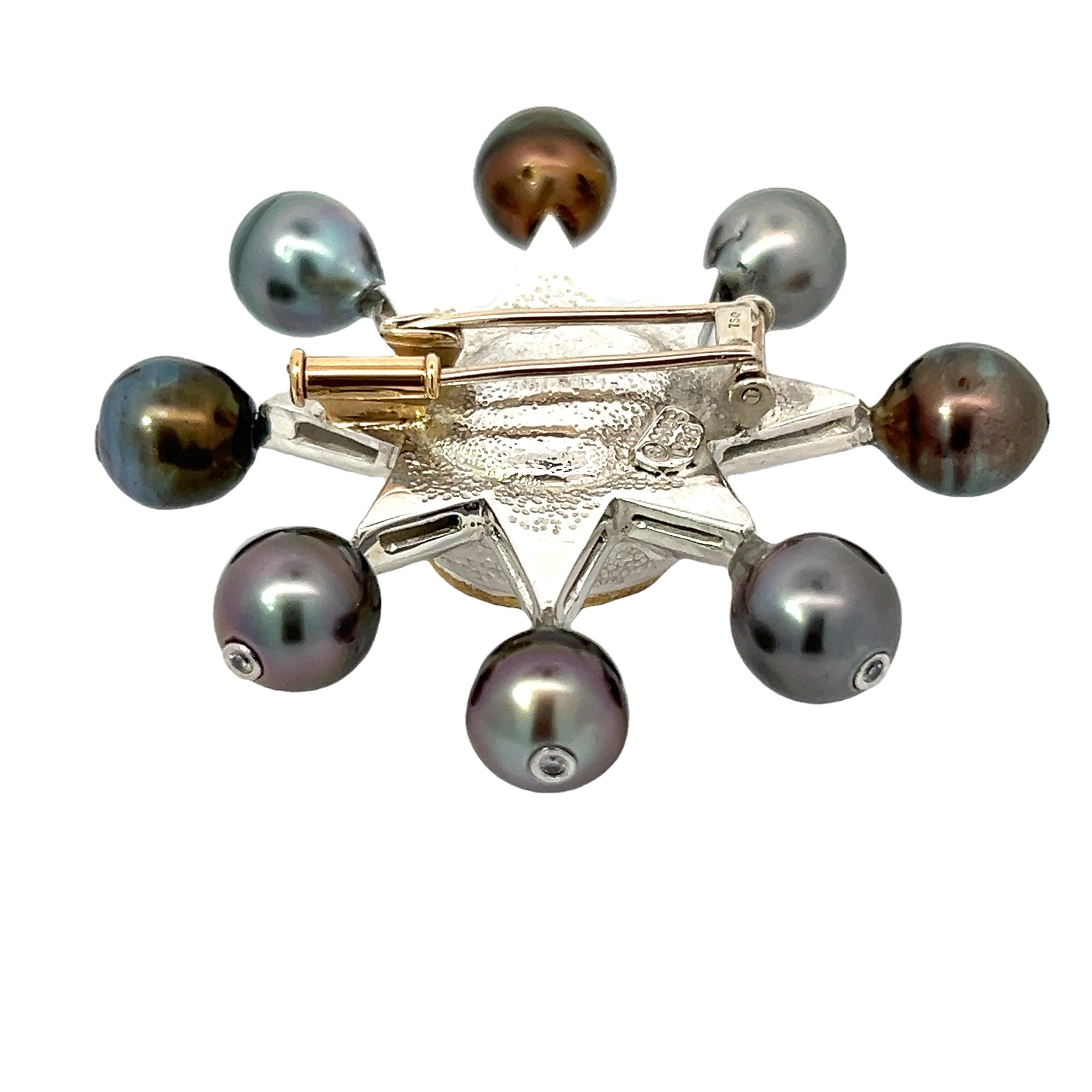Tahitian Black Pearl Spoke Starburst Brooch Gray Tourmaline Gold Silver Platinum For Sale 2
