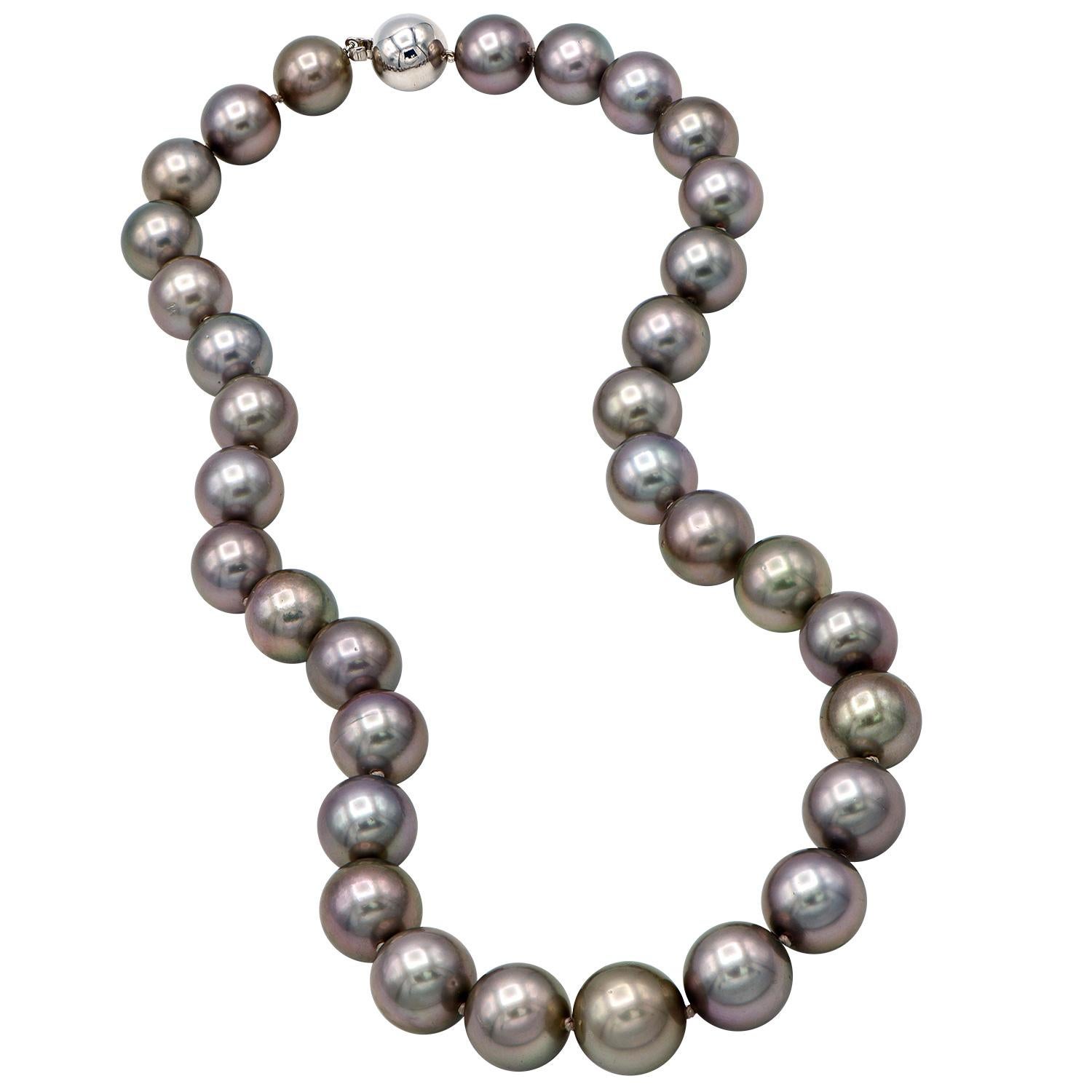 This beautiful black Tahitian pearl necklace is stunning with pink undertones. These 12-14.2mm pearls make an 18 inch strand made out of 33 pearls. The pearls are expertly strung with a double knot between each pearl and finished with a 14 karat