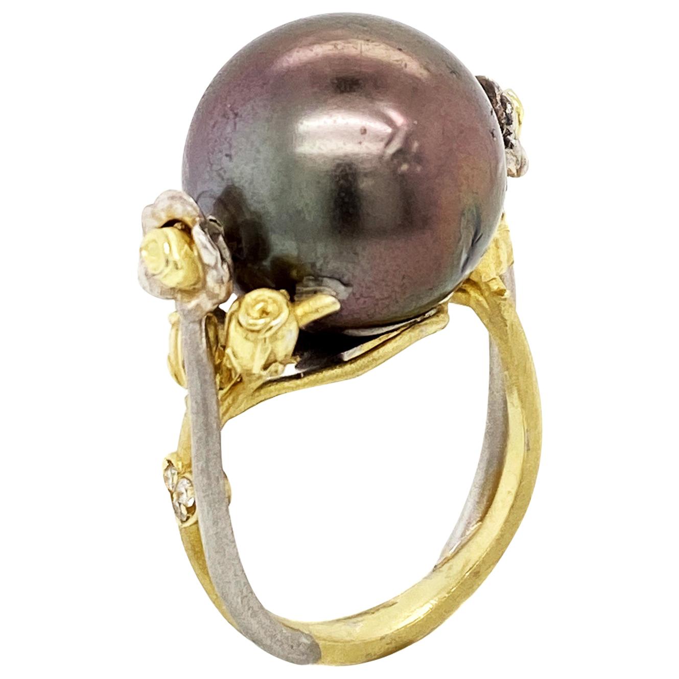Tahitian Black Pearl Two-Tone Gold and Diamond Floral Rose Ring Stambolian