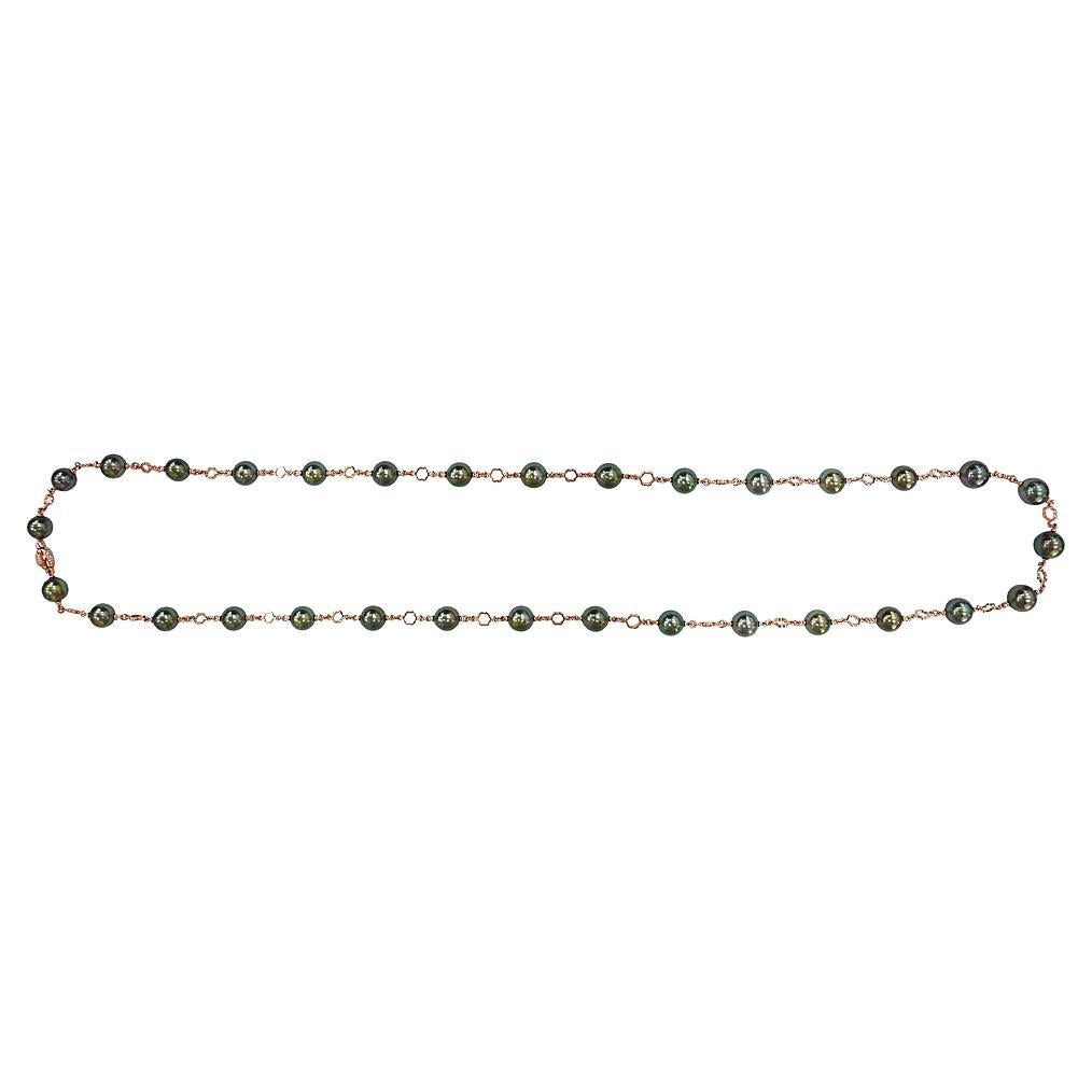 Schwarze Tahiti-Perle & weißer Diamant 18K Rose Gold Perlenkette A Link Halskette im Angebot