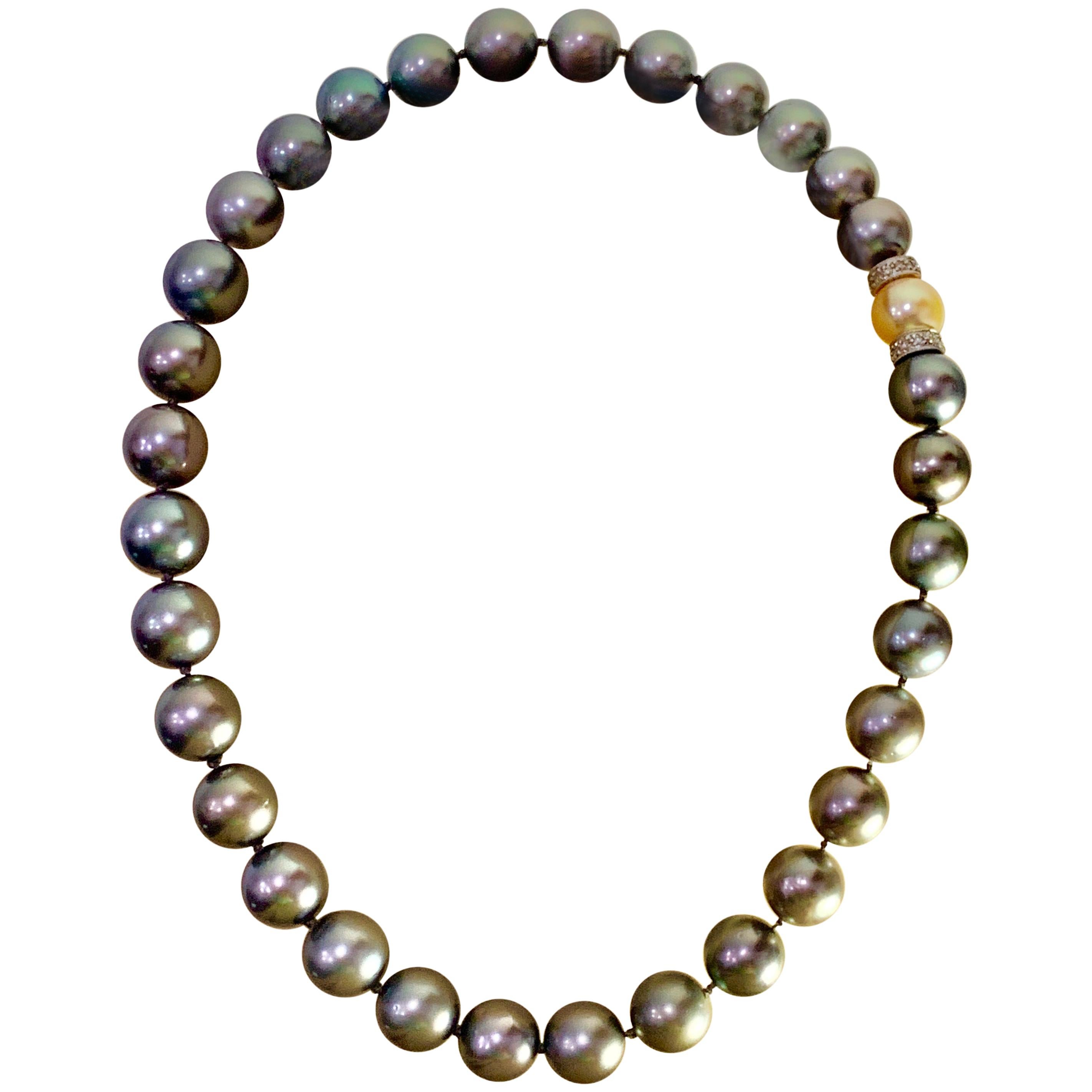 10 MM Tahitian Black Pearls Strand Necklace, Estate, 16 inch
