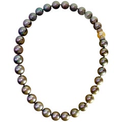 10 MM Tahitian Black Pearls Strand Necklace, Estate, 16 inch