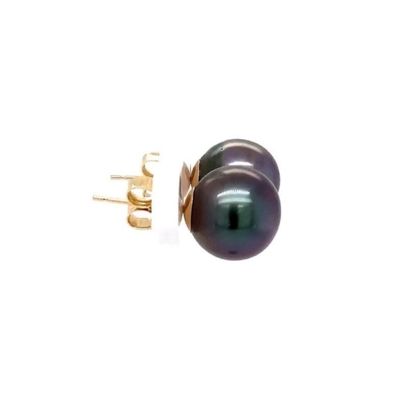 Modern Tahitian Black South Sea Cultured Pearl Studs Post 14k Yellow Gold Earring Set For Sale