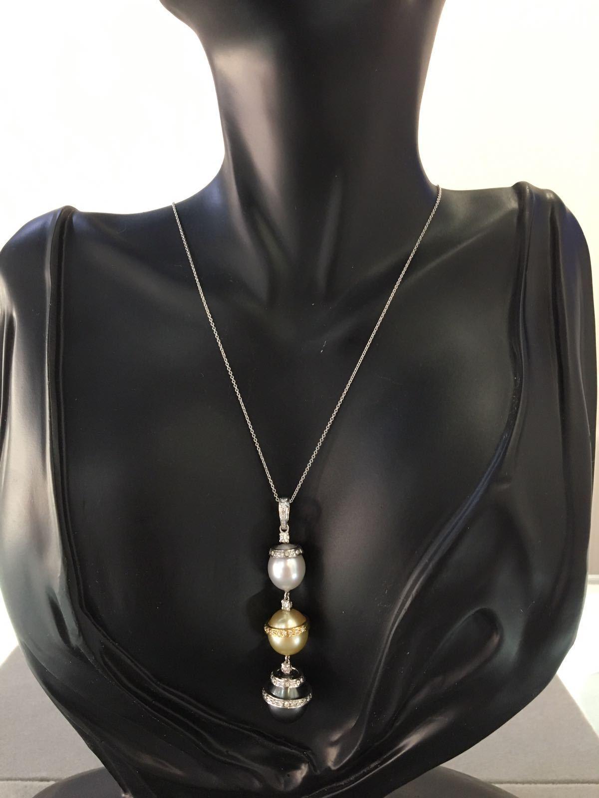 Tahitian Black Yellow White Sea Pearl Diamond White Gold Drop Pendant Necklace In New Condition For Sale In Oakton, VA