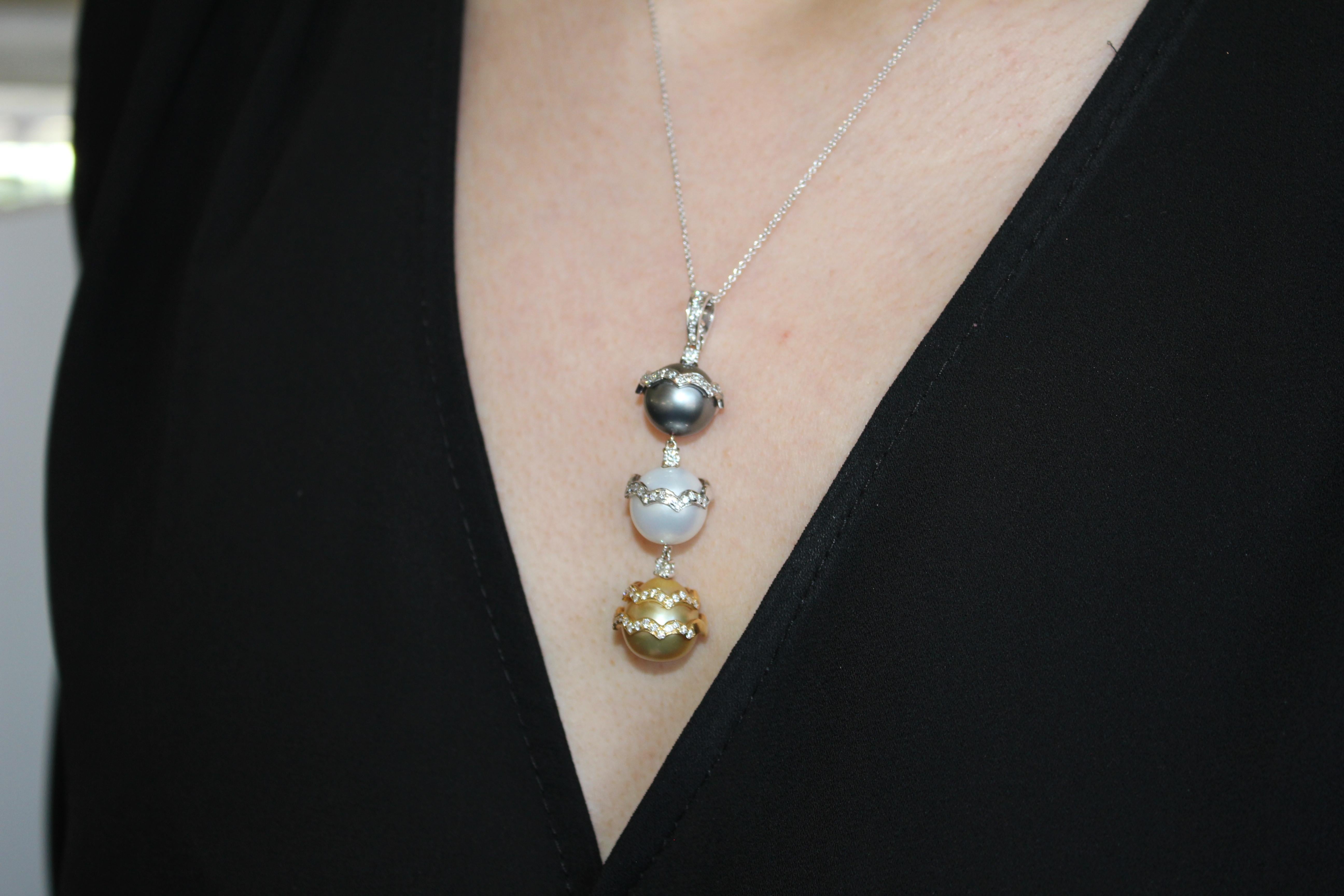 Tahitian Black Yellow White Sea Pearl Diamond White Gold Drop Pendant Necklace For Sale 2