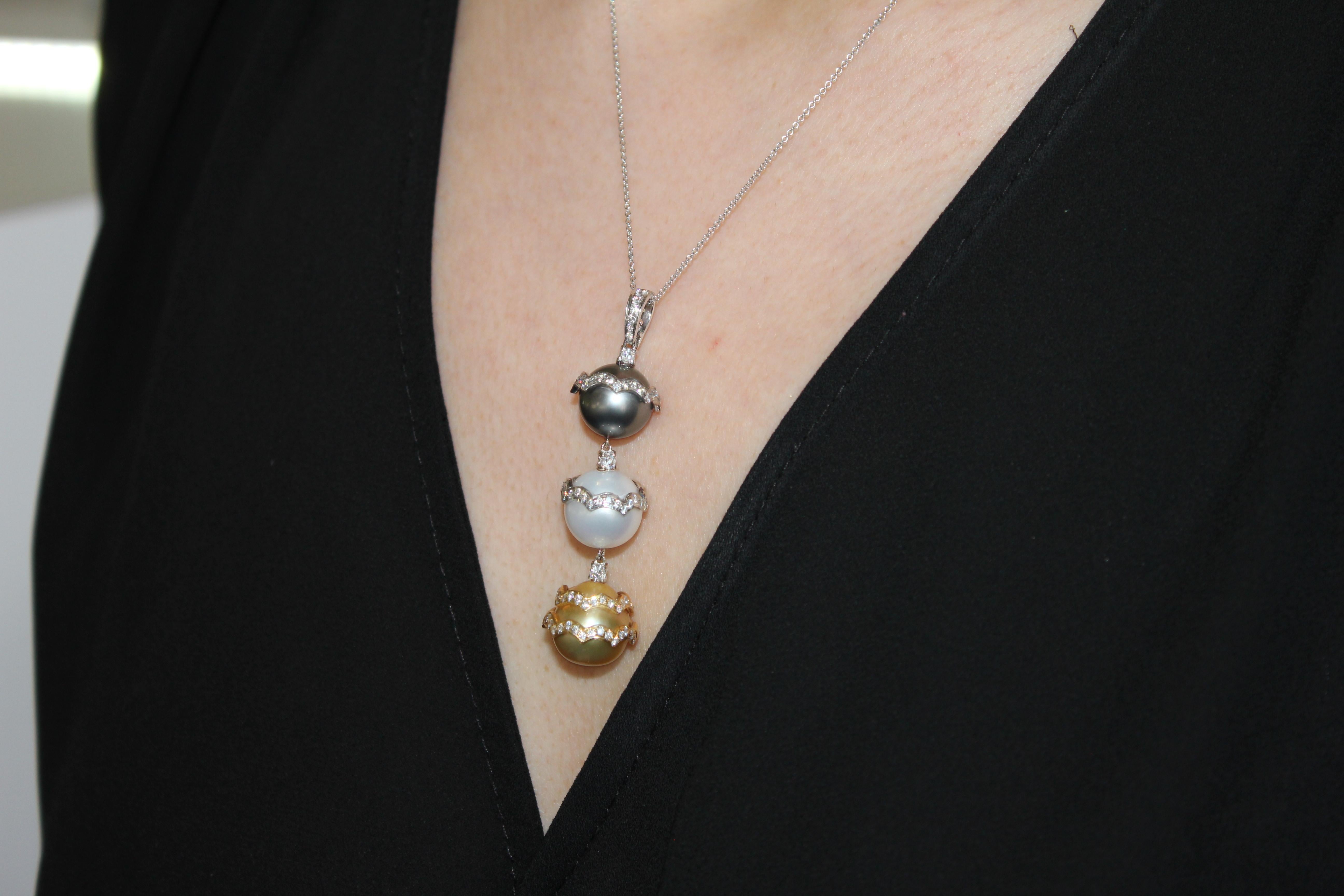 Tahitian Black Yellow White Sea Pearl Diamond White Gold Drop Pendant Necklace For Sale 3