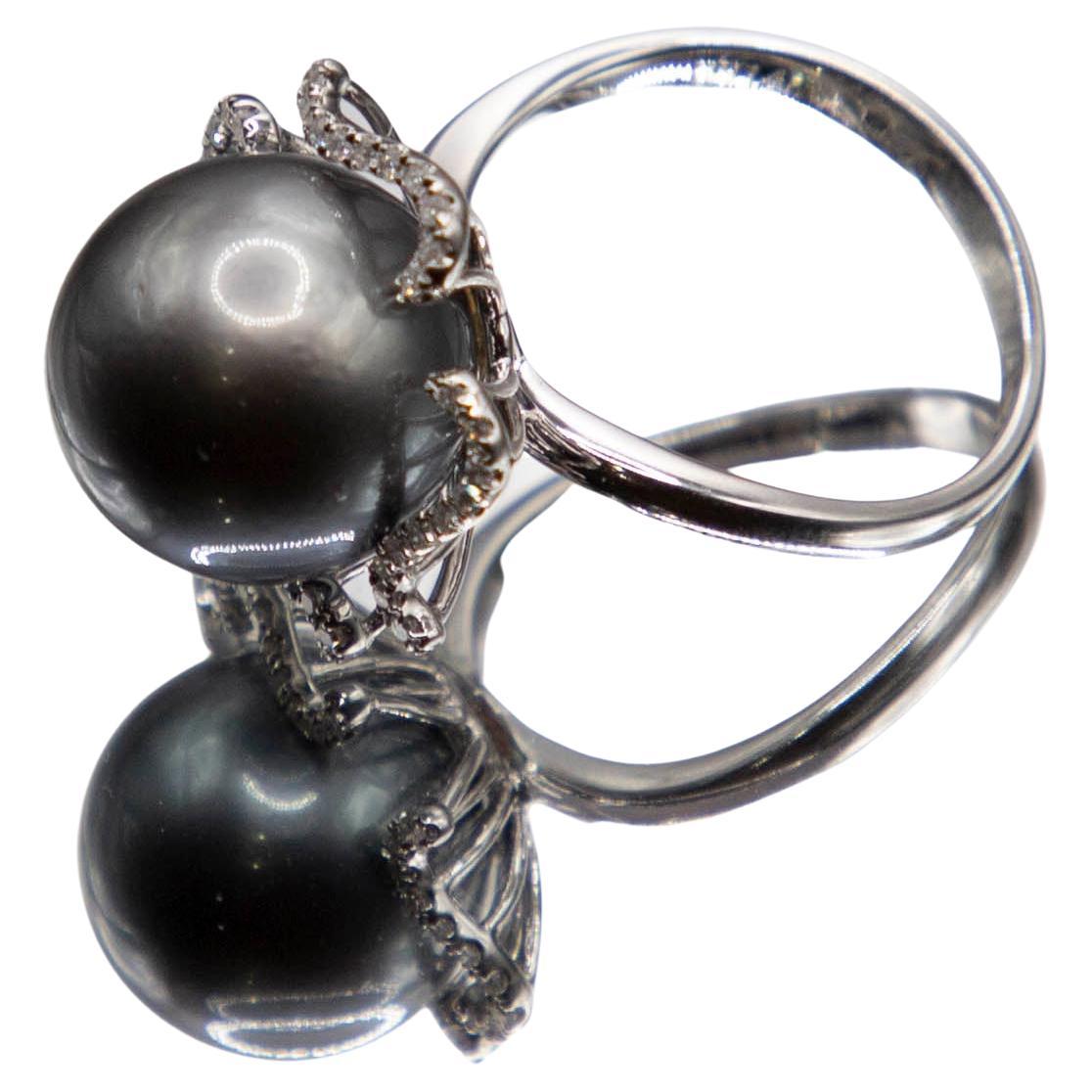 Tahitian Blackish -Grey 12.5mm Pearl Ring 14k White Gold with Fine Diamonds For Sale