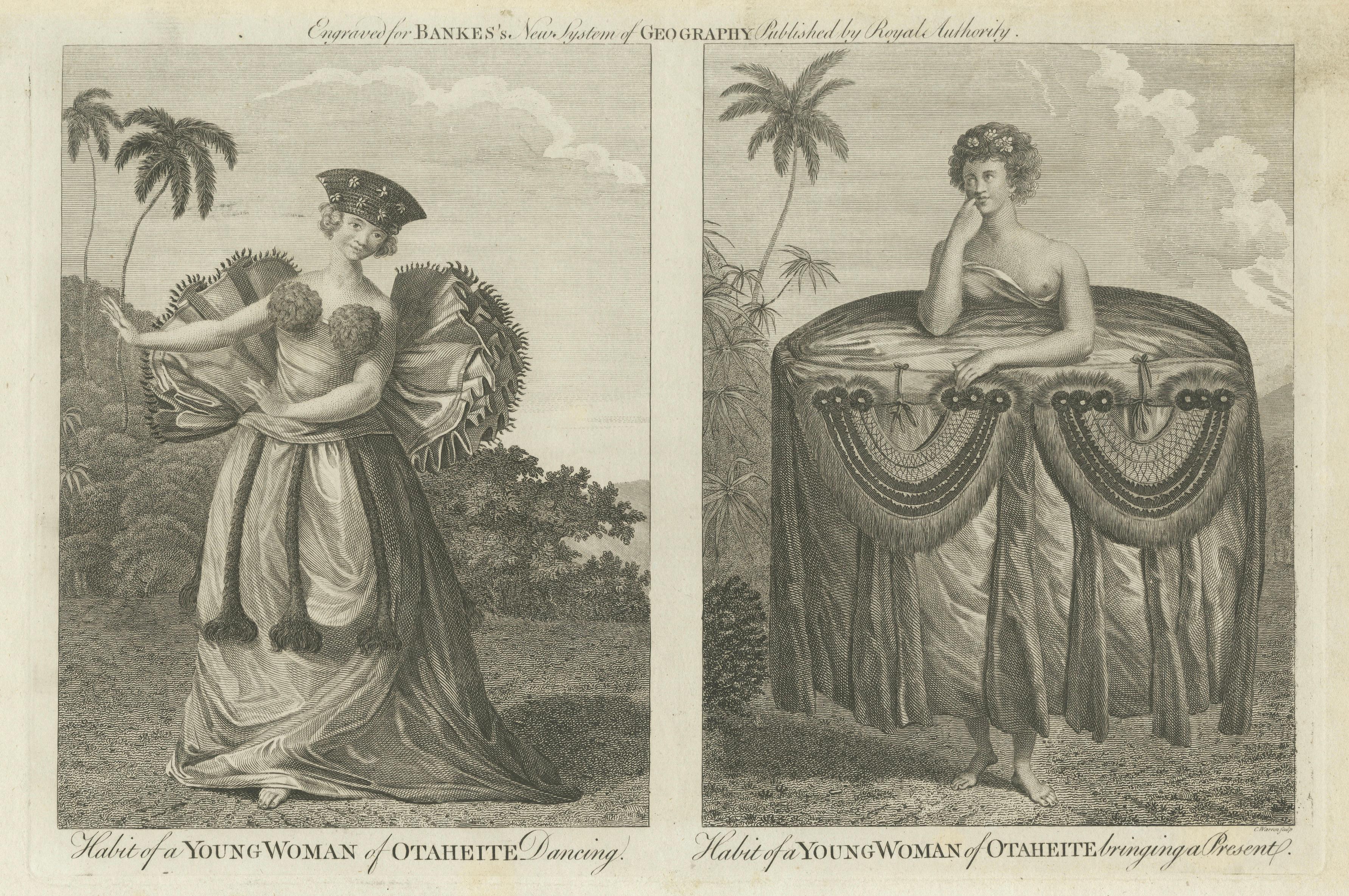 Tahitian Costume Engraving Pair, Otaheite Women, Pacific Voyages, c.1790