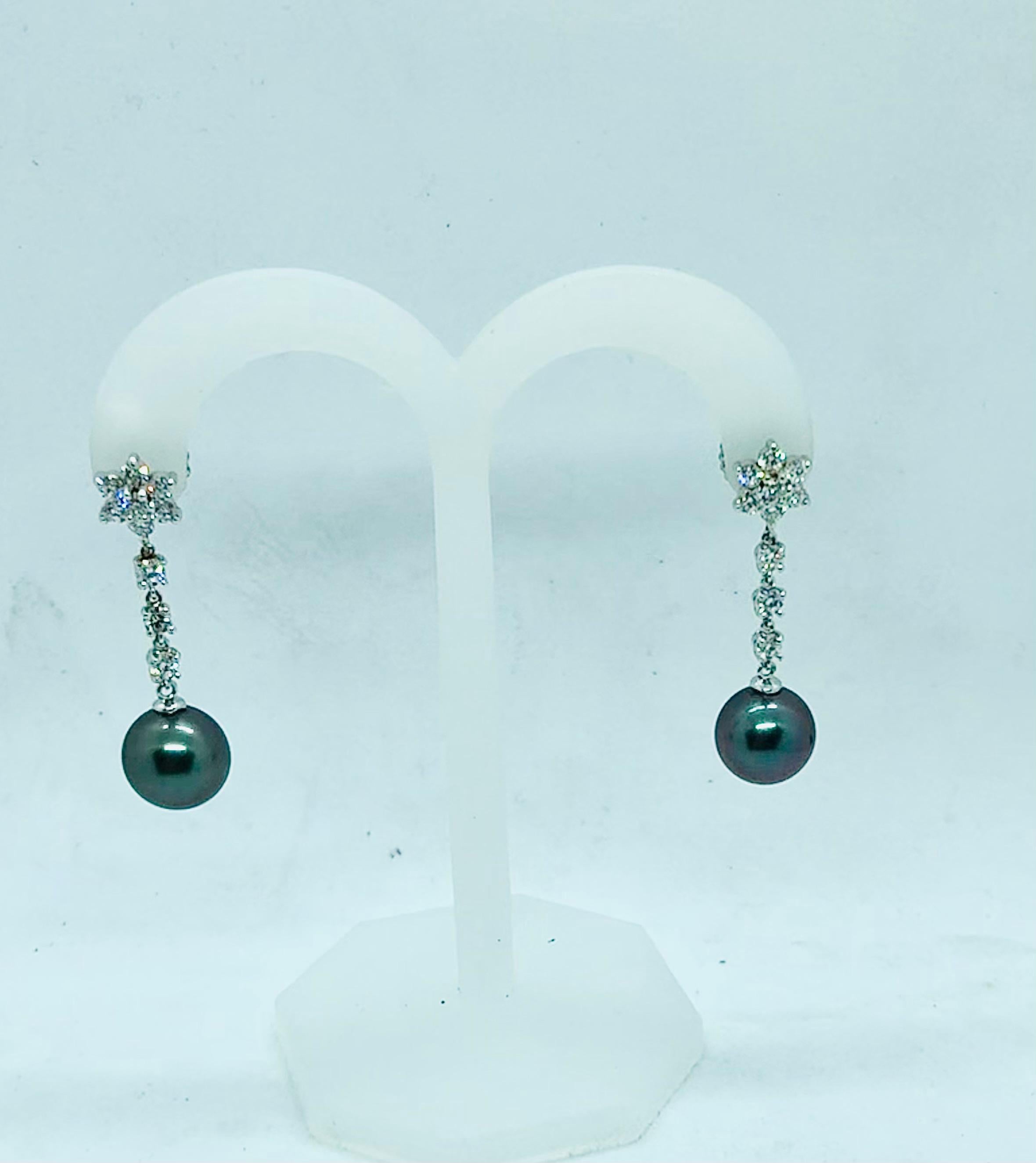 Modern Tahitian Cultured Pearl and Diamond Earrings 14 Karat White Gold For Sale