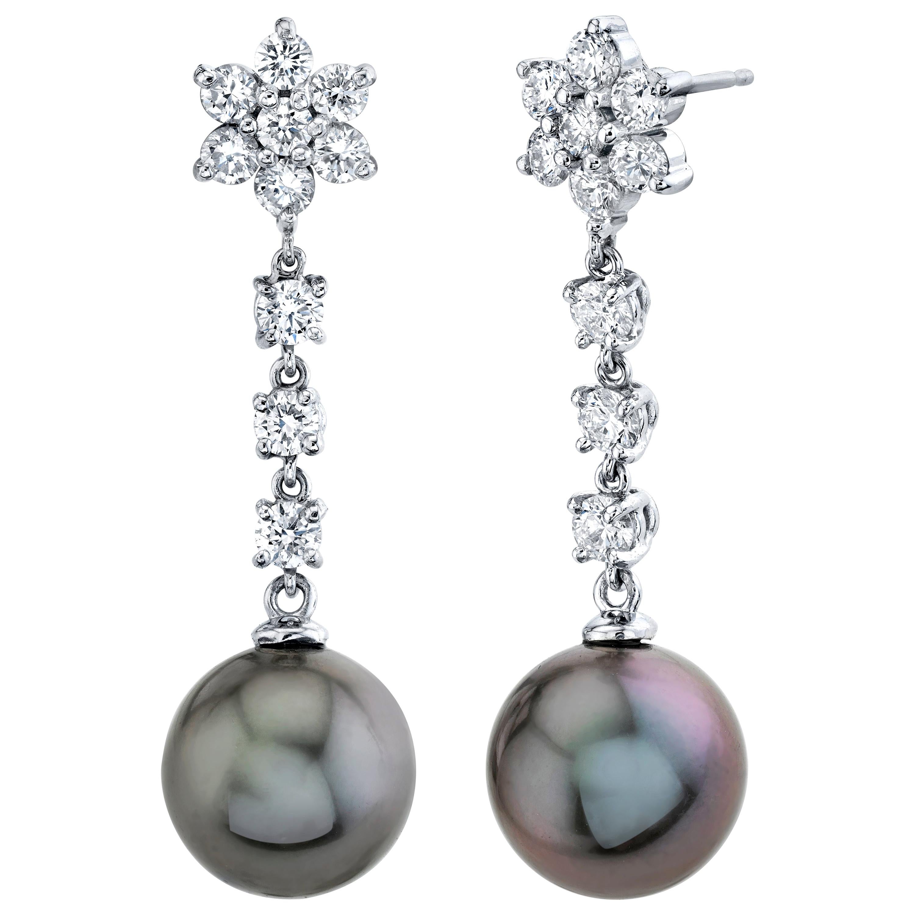Tahitian Cultured Pearl and Diamond Earrings 14 Karat White Gold For Sale