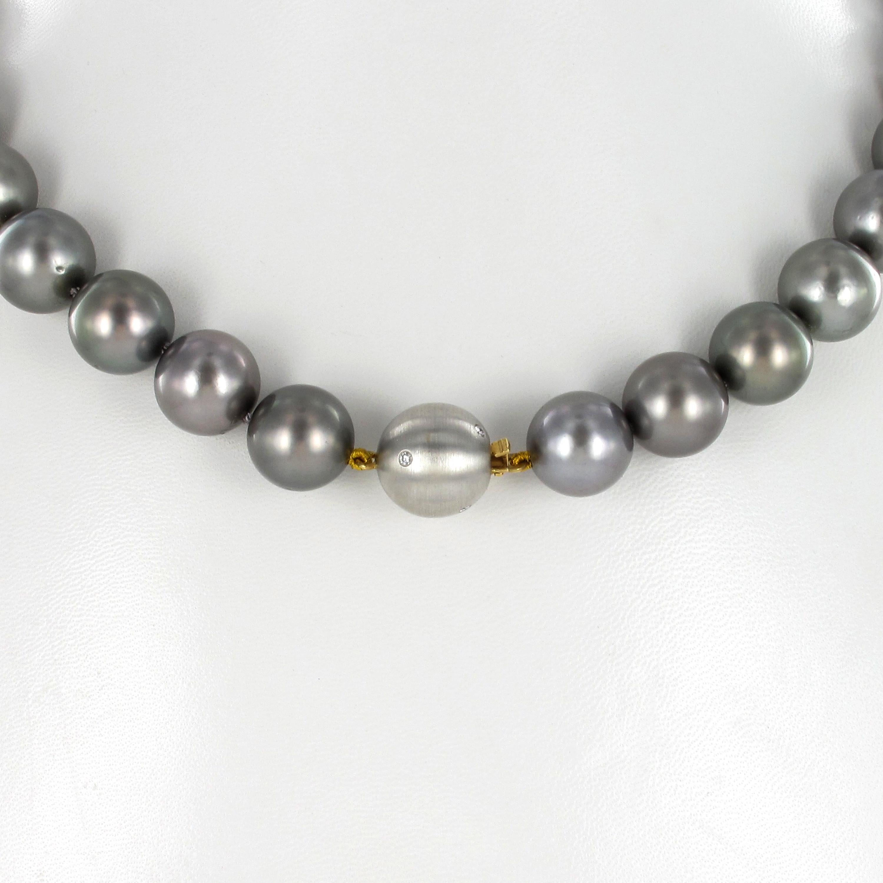 Round Cut Tahitian Cultured Pearl and Diamond Necklace For Sale