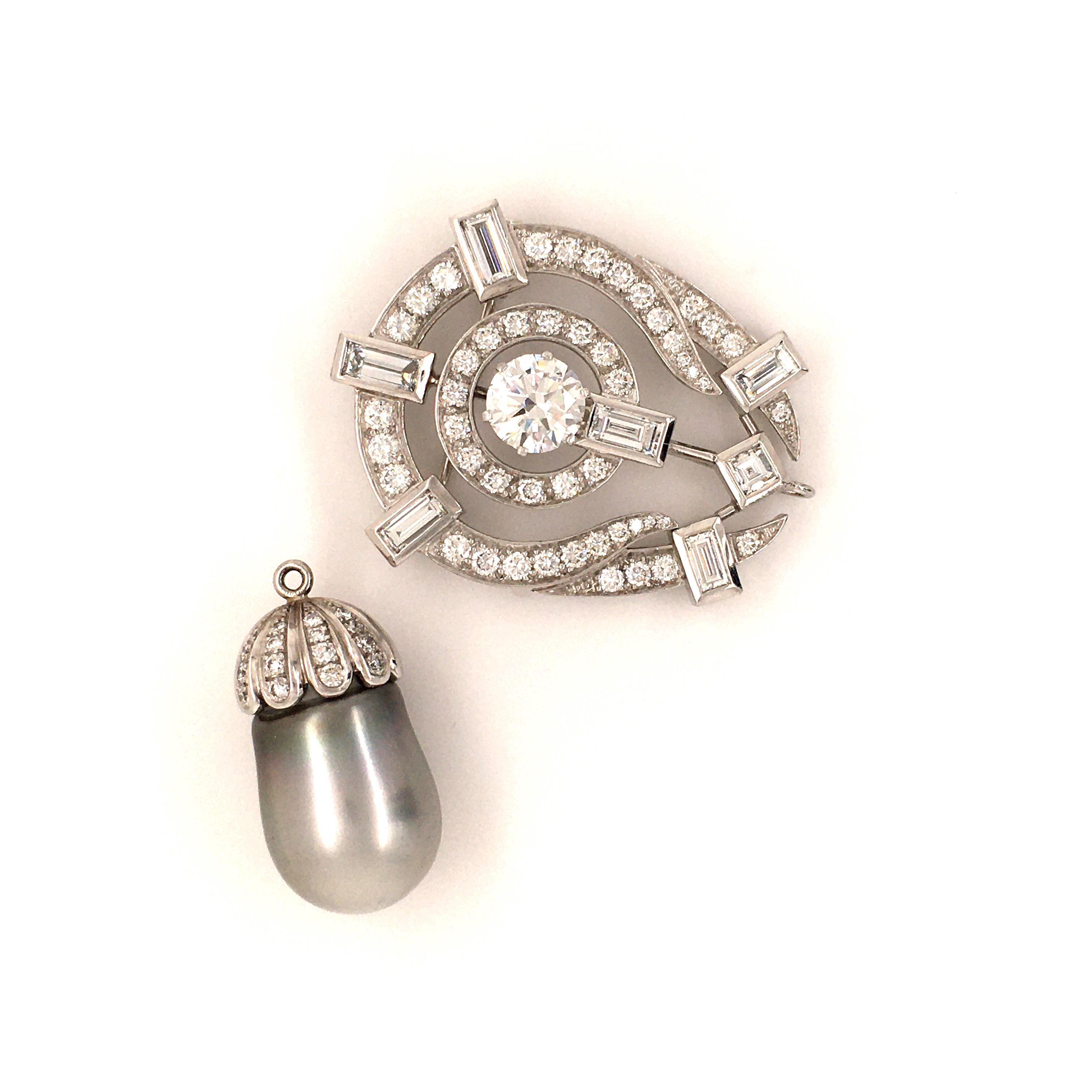 Tahitian Cultured Pearl and Diamond Pendant Brooch in Platinum 4