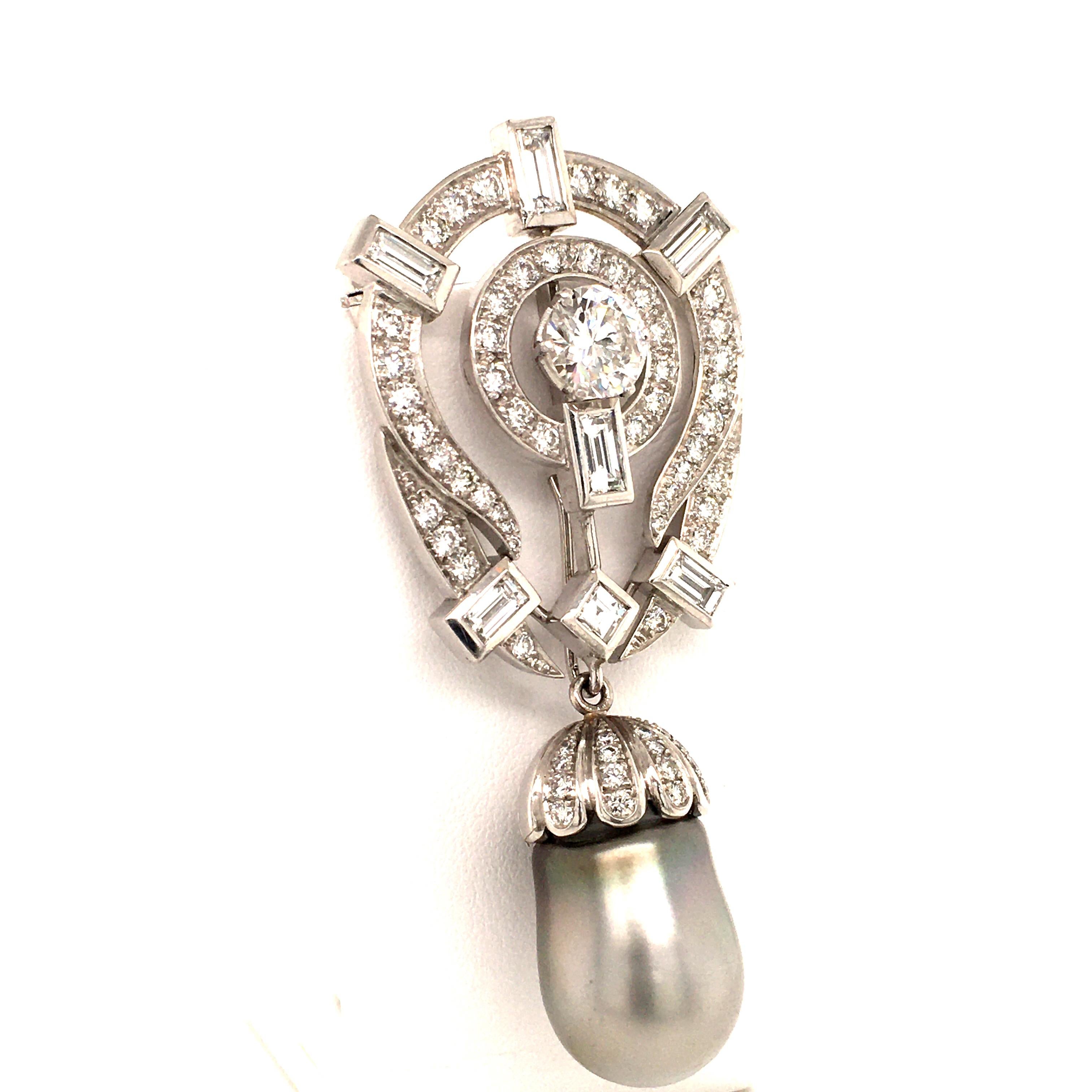 Modern Tahitian Cultured Pearl and Diamond Pendant Brooch in Platinum