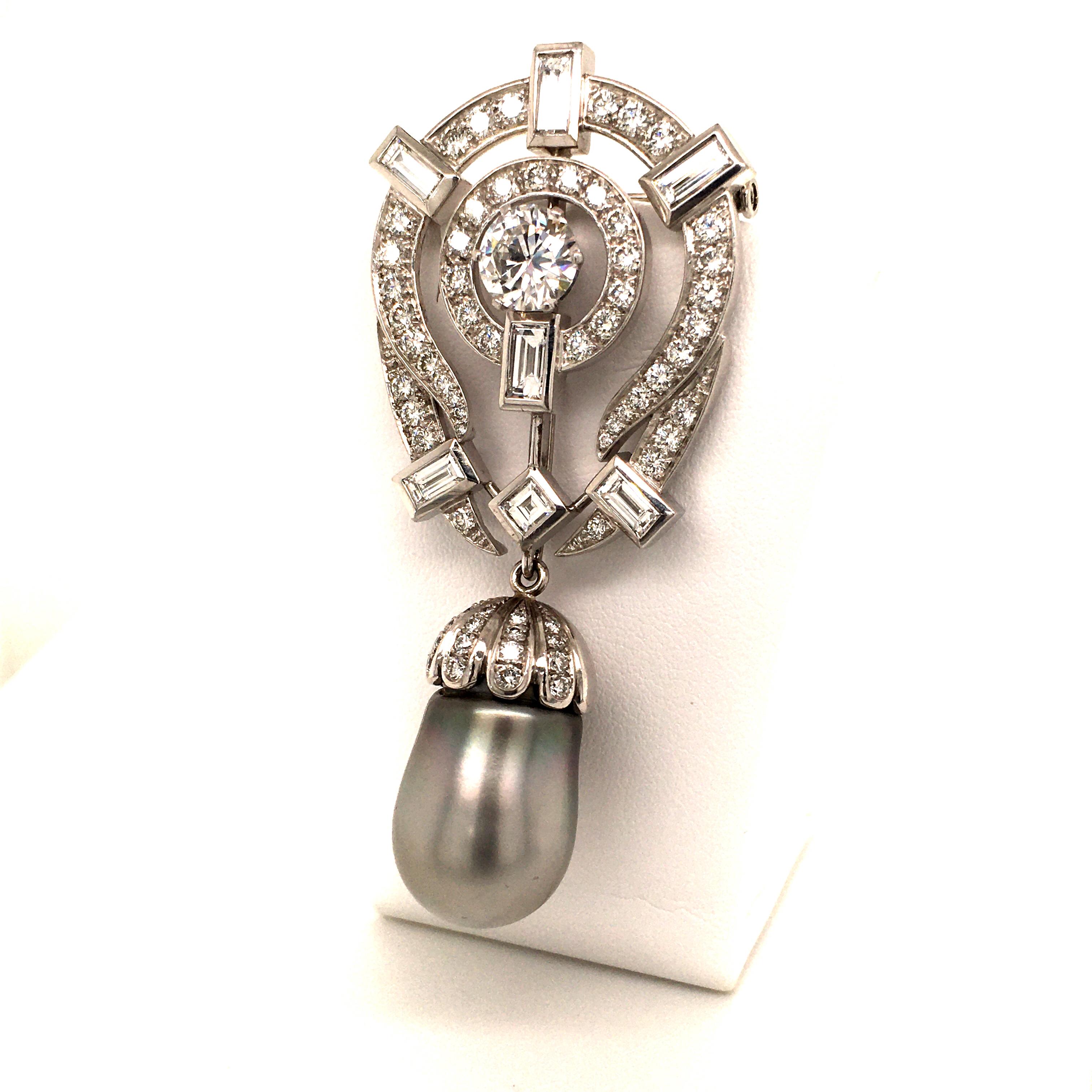 Round Cut Tahitian Cultured Pearl and Diamond Pendant Brooch in Platinum