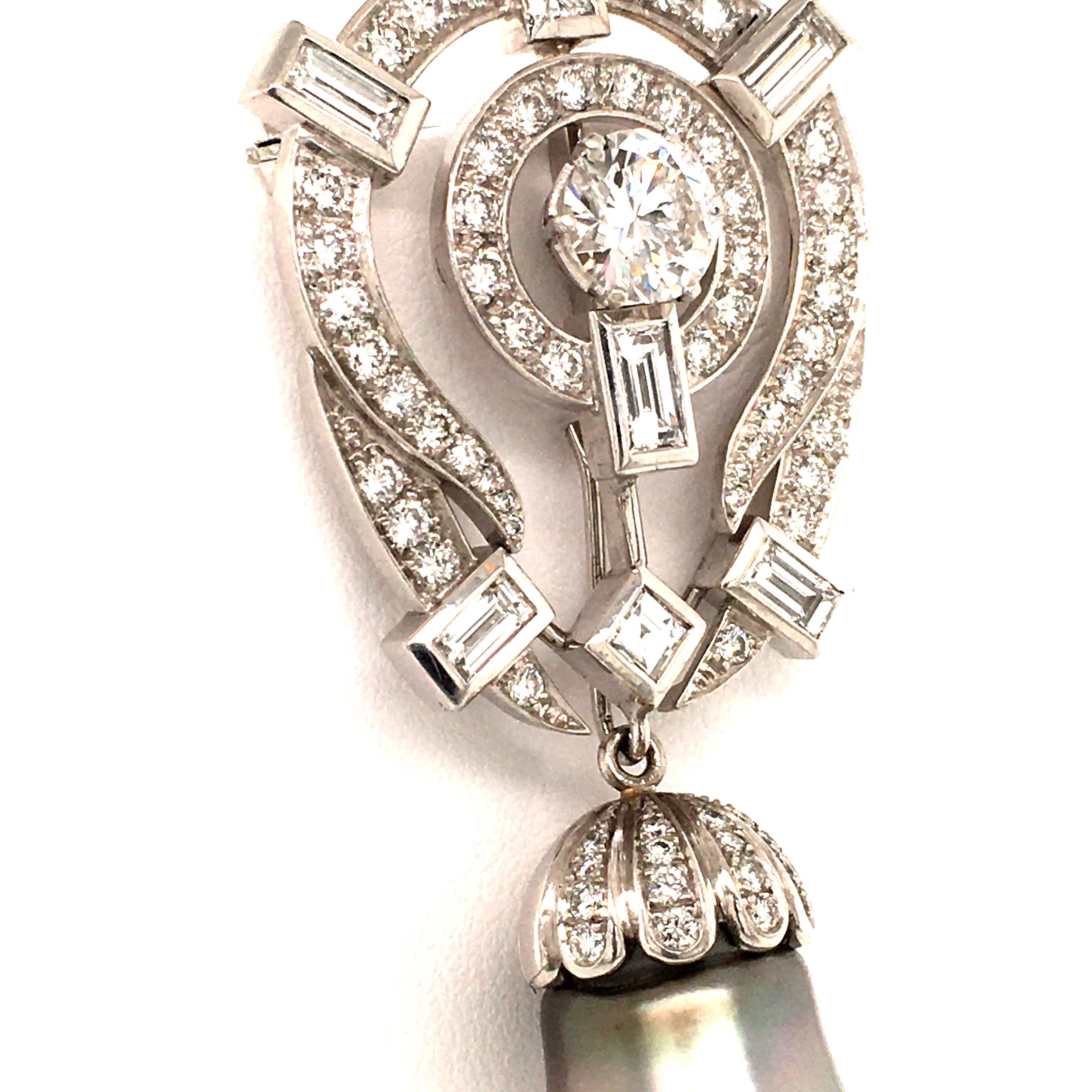 Women's or Men's Tahitian Cultured Pearl and Diamond Pendant Brooch in Platinum
