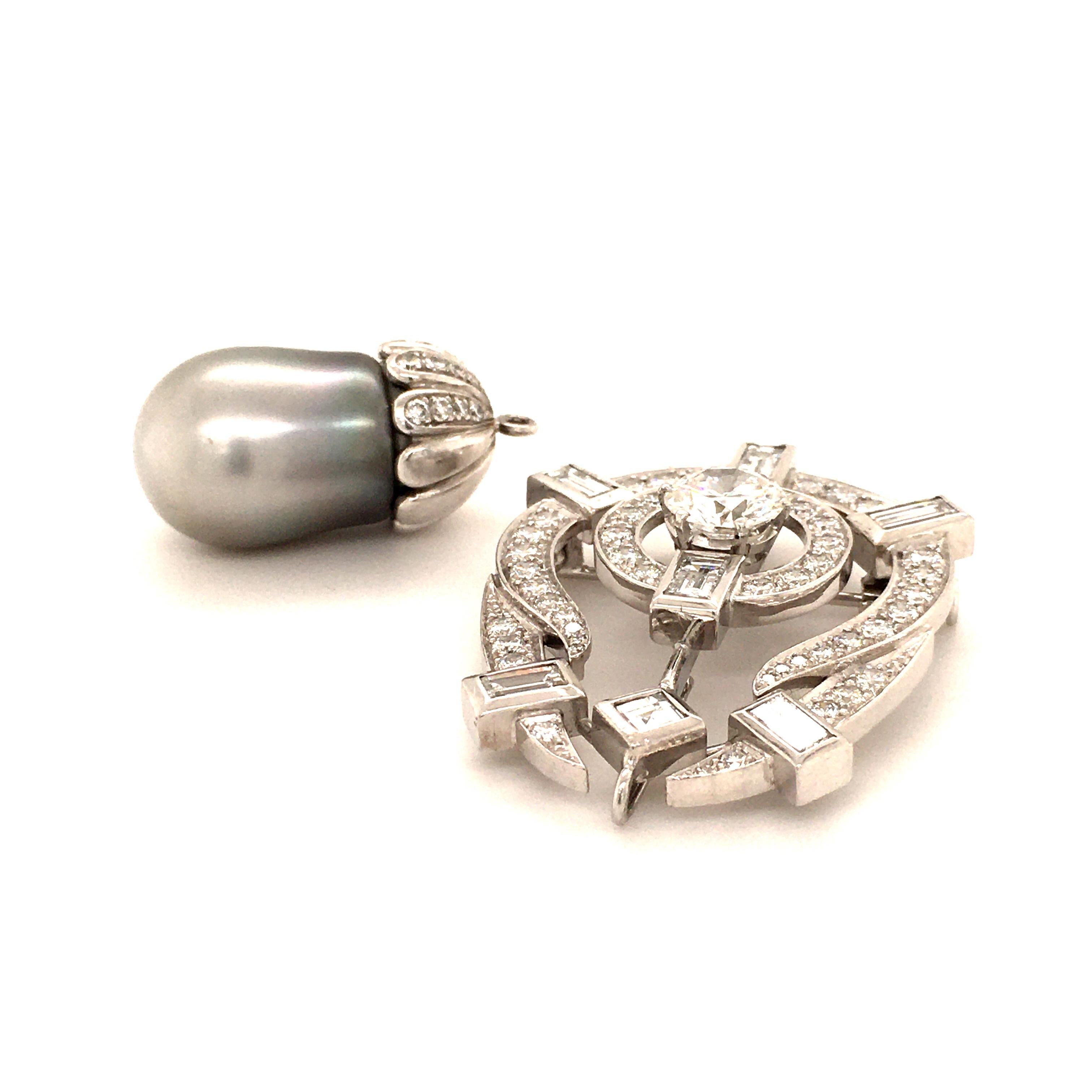 Tahitian Cultured Pearl and Diamond Pendant Brooch in Platinum 1