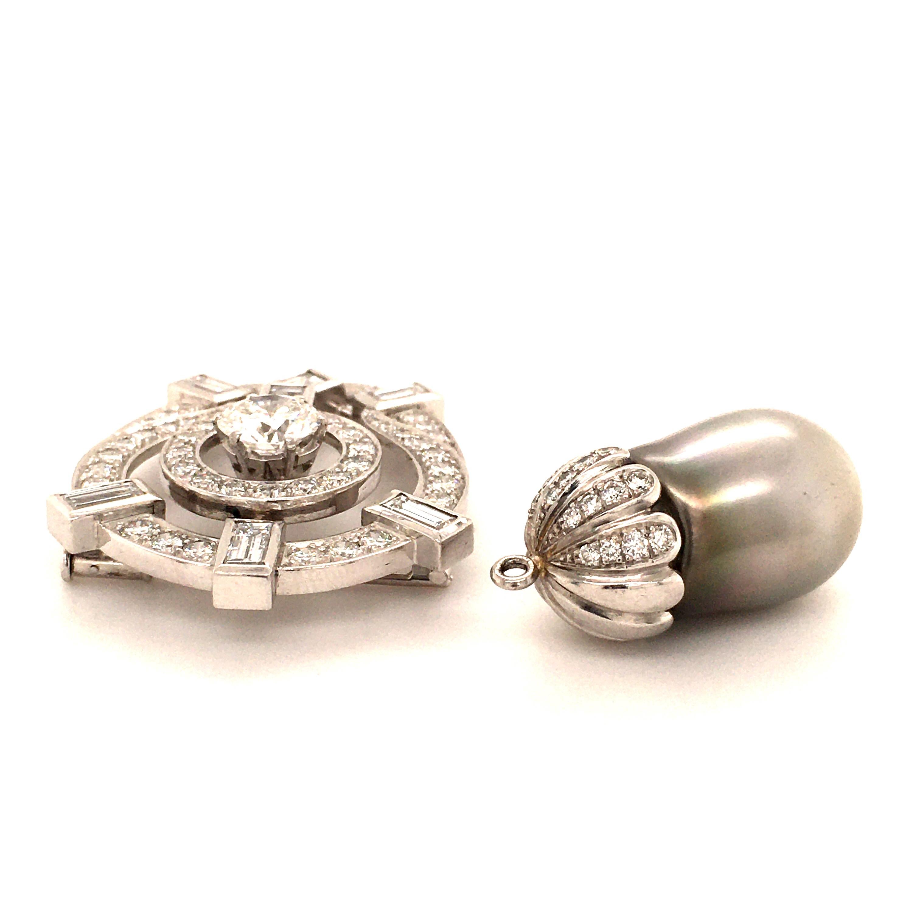 Tahitian Cultured Pearl and Diamond Pendant Brooch in Platinum 3