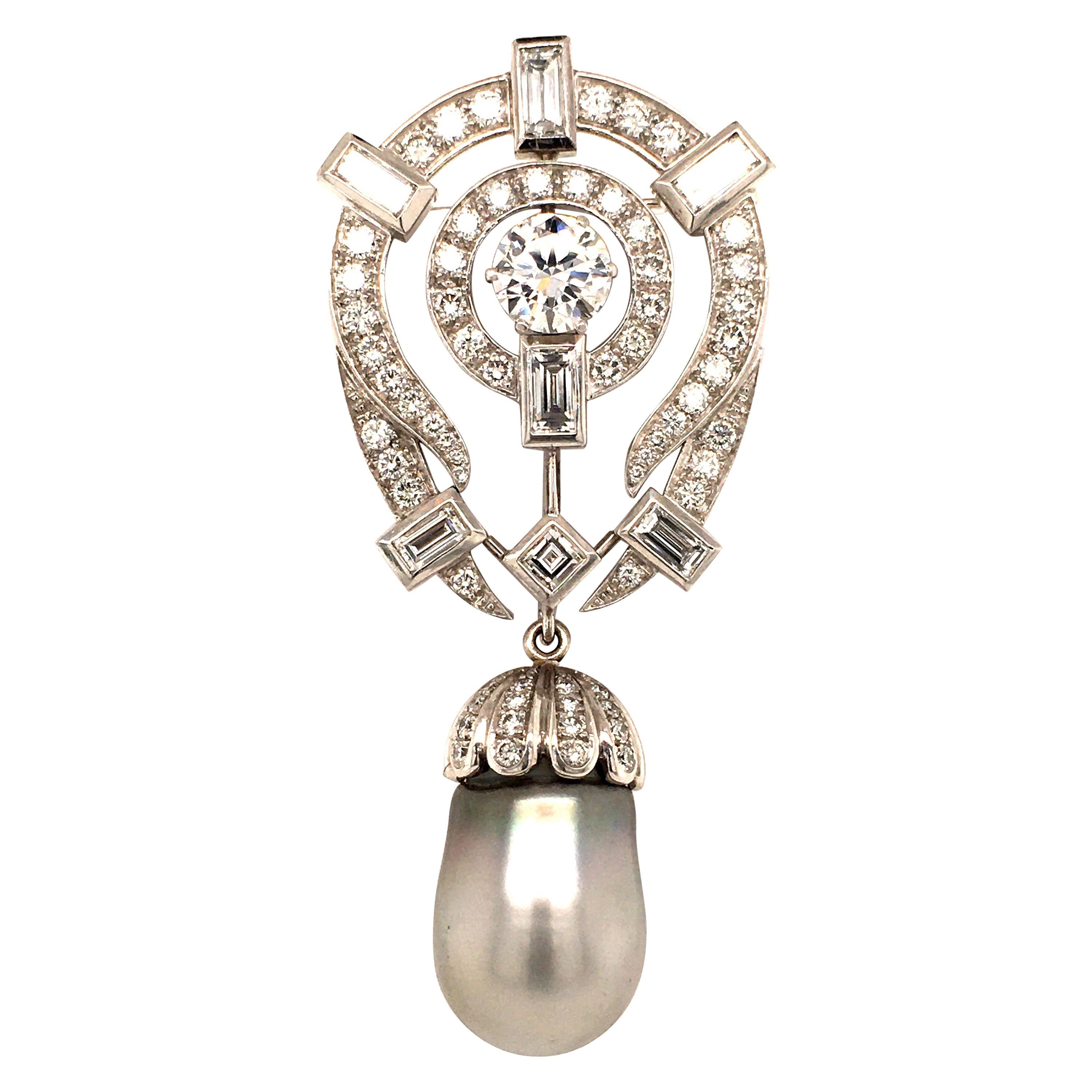 Tahitian Cultured Pearl and Diamond Pendant Brooch in Platinum