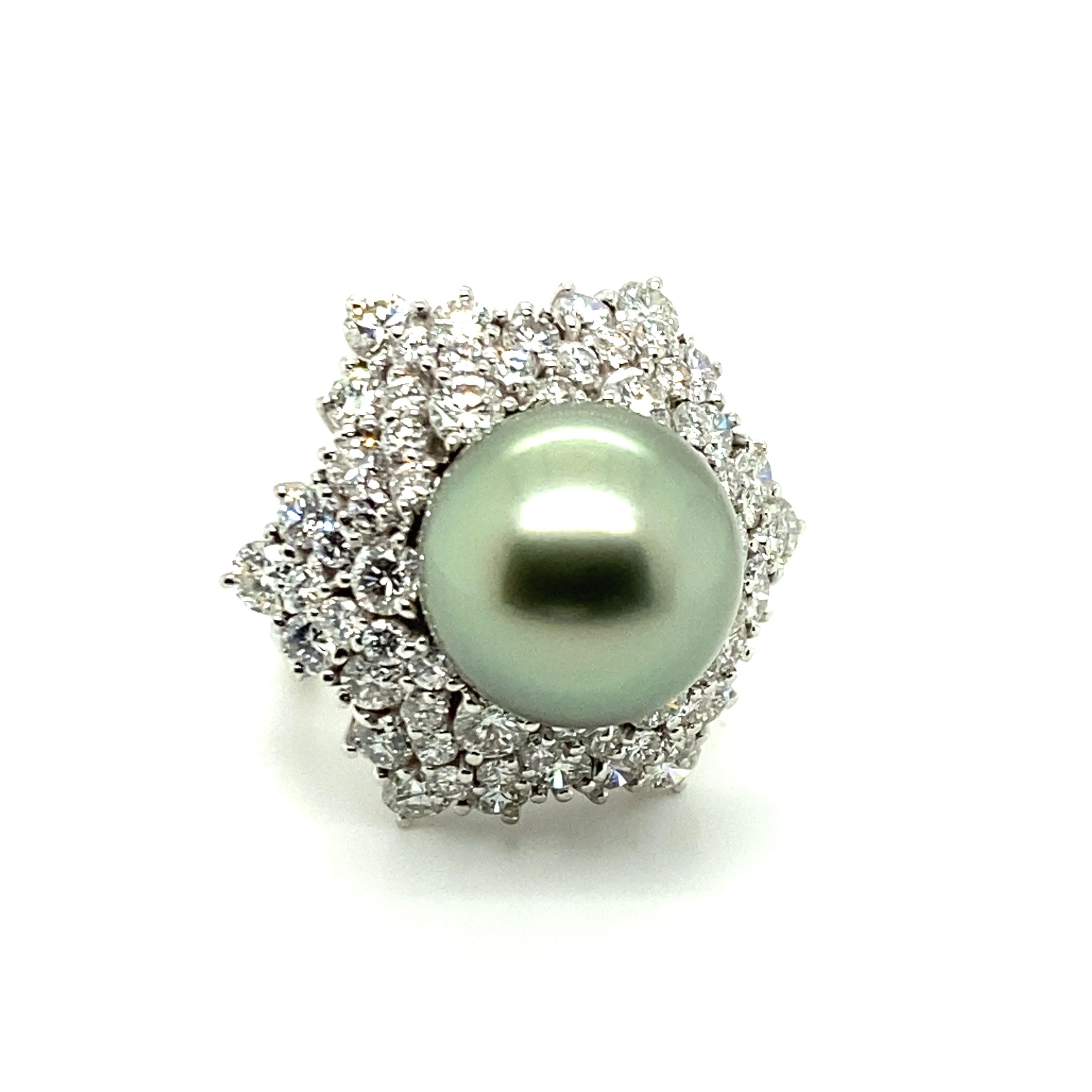 Modern Tahitian Cultured Pearl and Diamond Ring in Platinum 950 For Sale