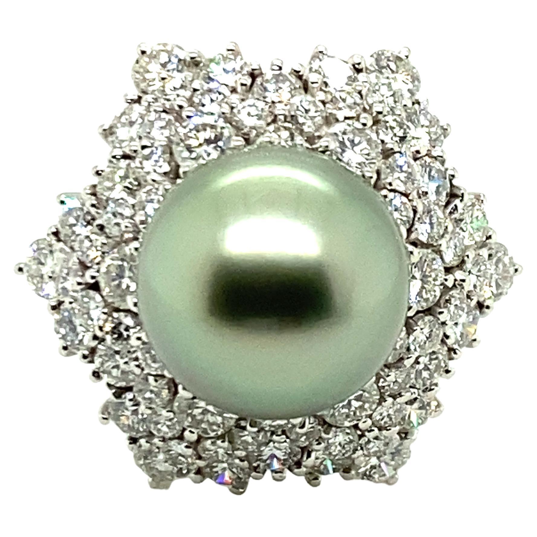 Tahitian Cultured Pearl and Diamond Ring in Platinum 950 For Sale