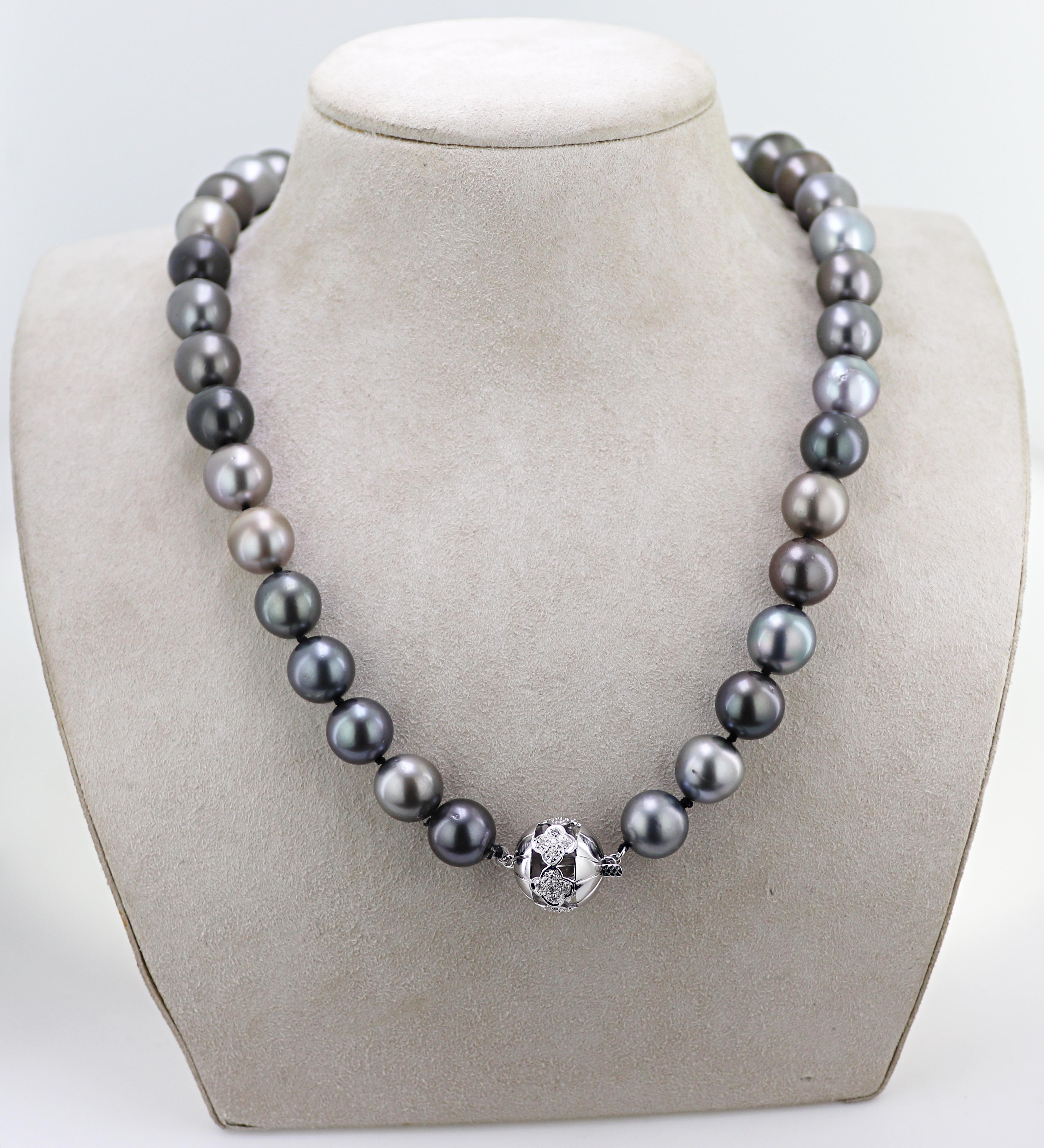 Tahitian Cultured Pearl, Diamond, 18K White Gold Necklace For Sale 3