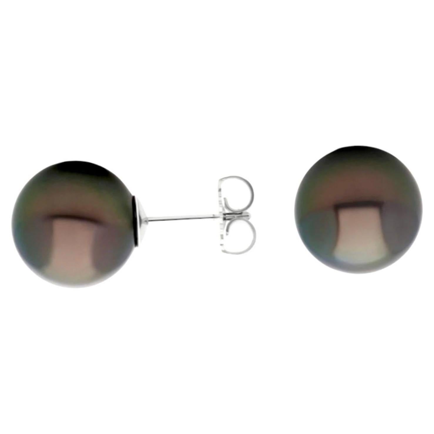 Taglio rotondo Orecchini con perle di coltura di Tahiti in oro bianco 18 carati (9,0-9,3 mm) in vendita