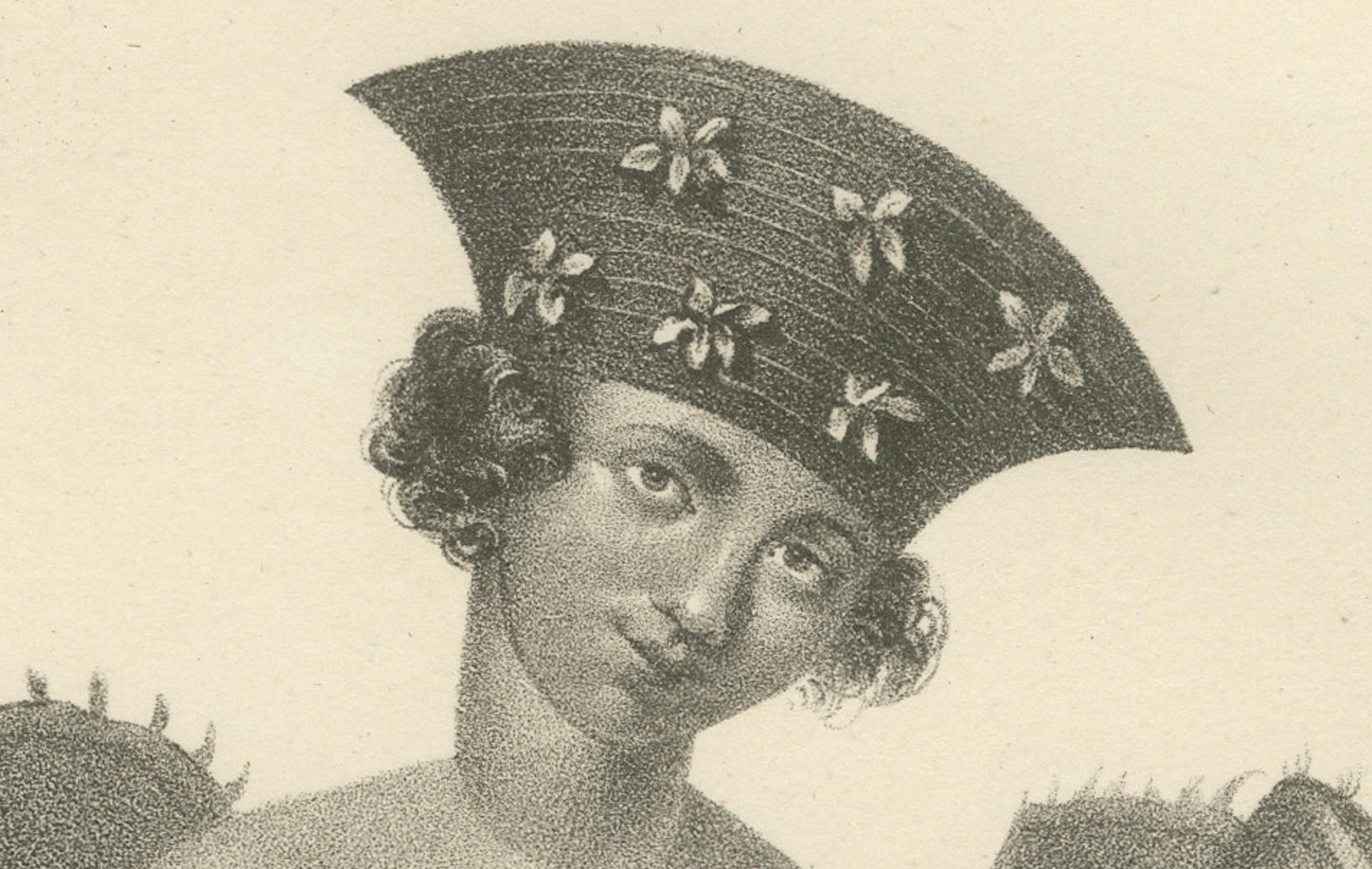This lithograph by Karl Joseph Brodtmann presents a detailed portrait of a Tahitian dancer. The artwork is part of Brodtmann’s ethnographic series, capturing the attire, posture, and cultural significance of traditional dances in Tahiti, part of