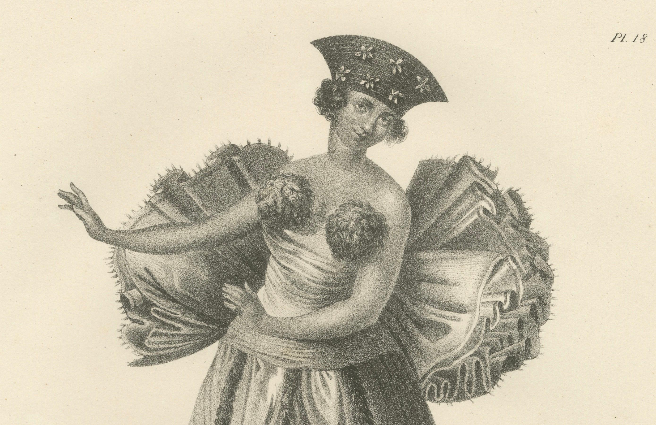 Mid-19th Century Tahitian Grace: 1836 Engraving of a Dancer by Karl Joseph Brodtmann For Sale