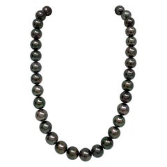 Tahitian Dark Green Round/Near-Round Pearl Necklace with Gold Clasp