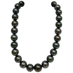 Tahitian Dark Green Round Pearl Necklace with Gold Clasp
