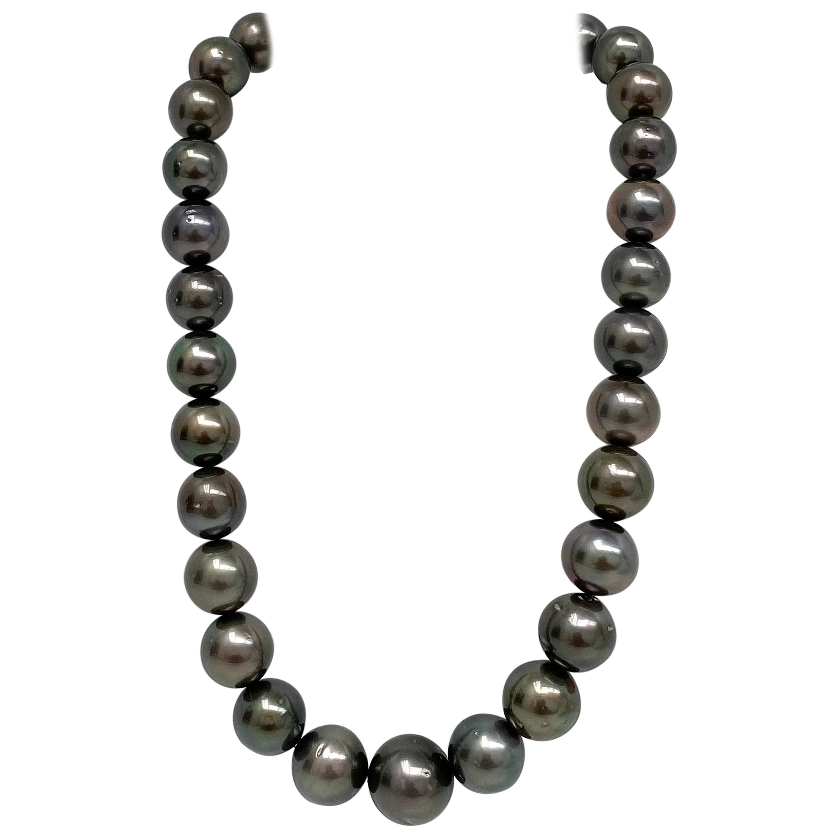 Tahitian Dark Near-Round Pearl Necklace with Gold Clasp For Sale